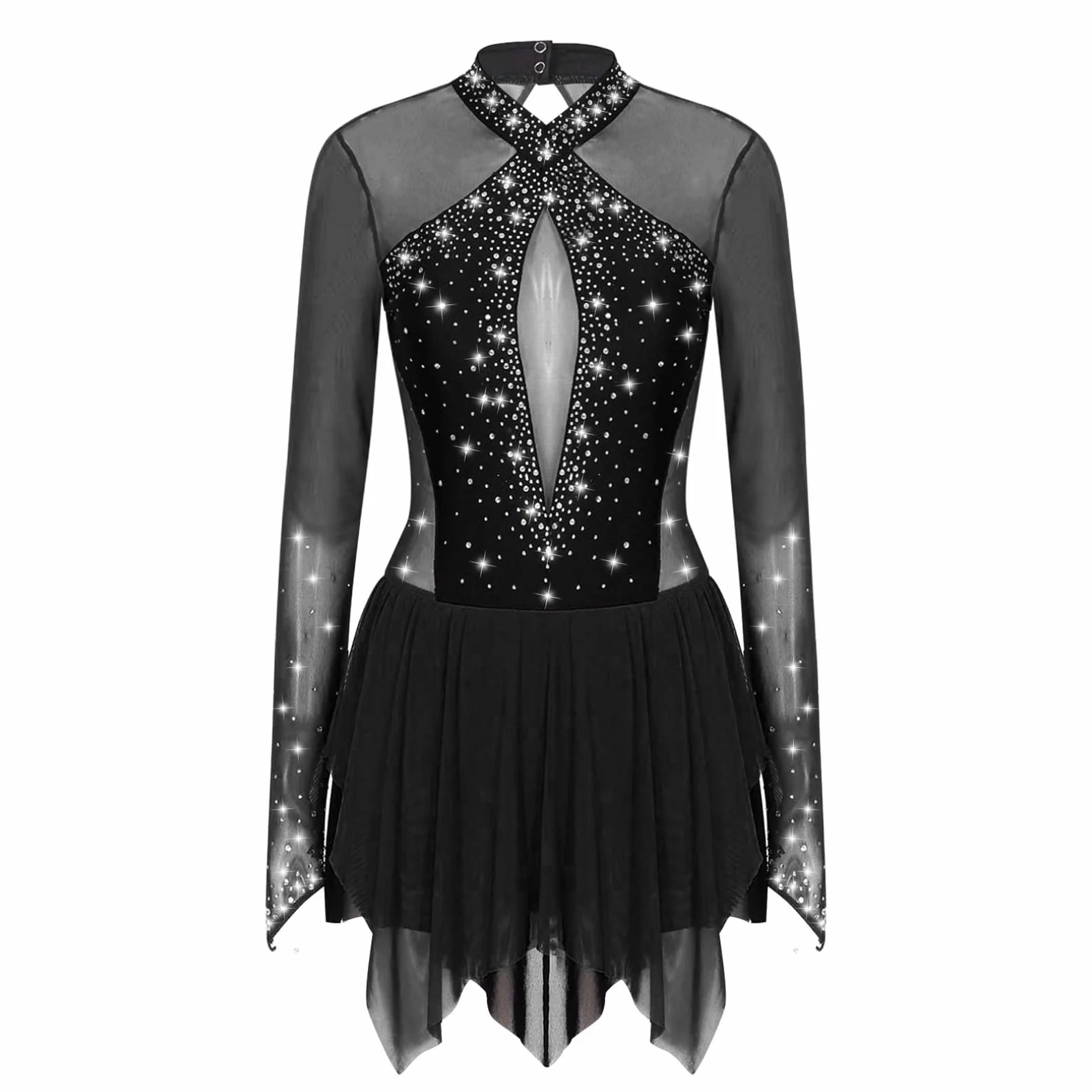 Femme Justaucorps Robe Patinage Artistique Gymnastique Danse Strass Manche Longue S-XXL