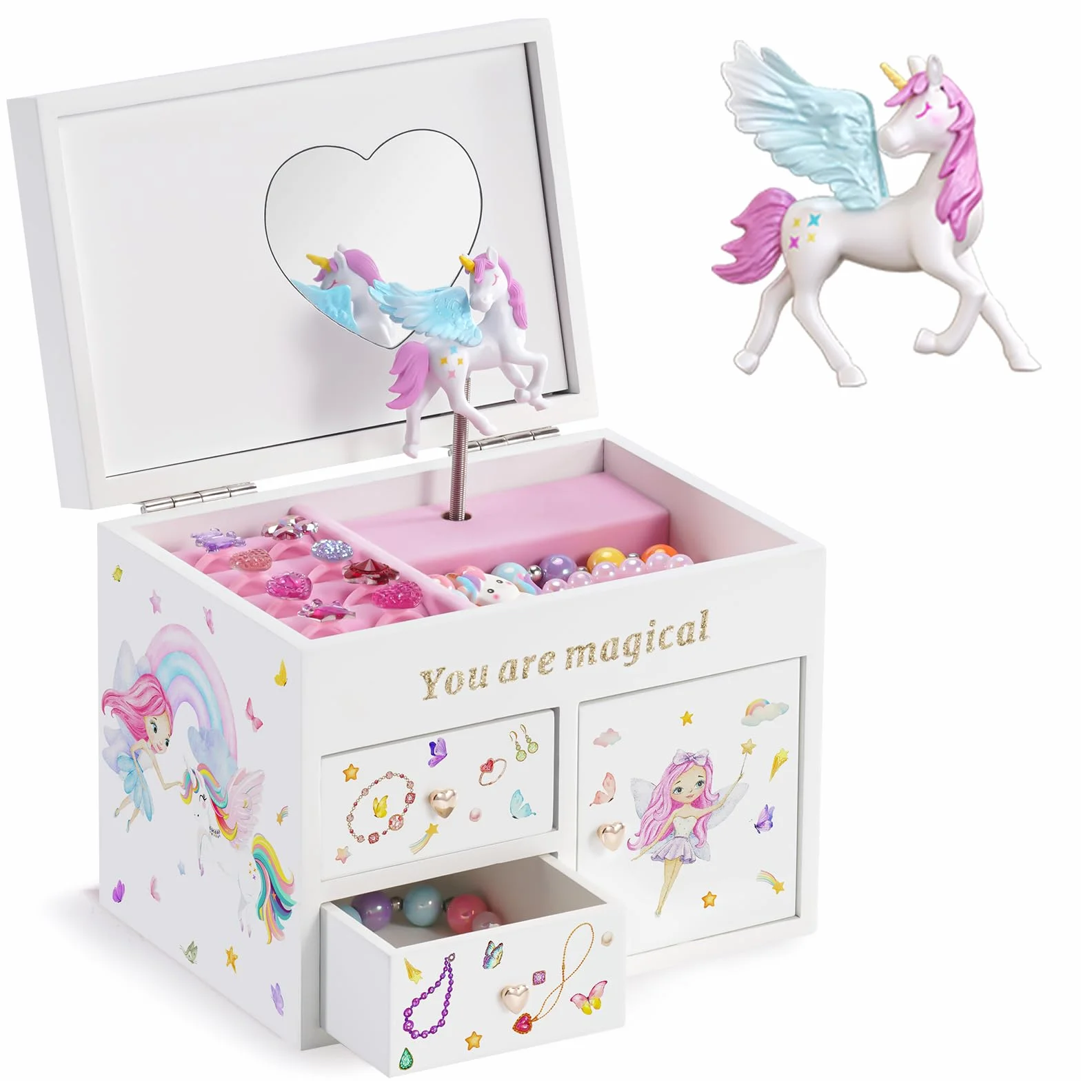 Boîte Bijoux Enfant Licorne Musicale Bois Blanc pour Ranger Colliers Bracelets Bagues Montres