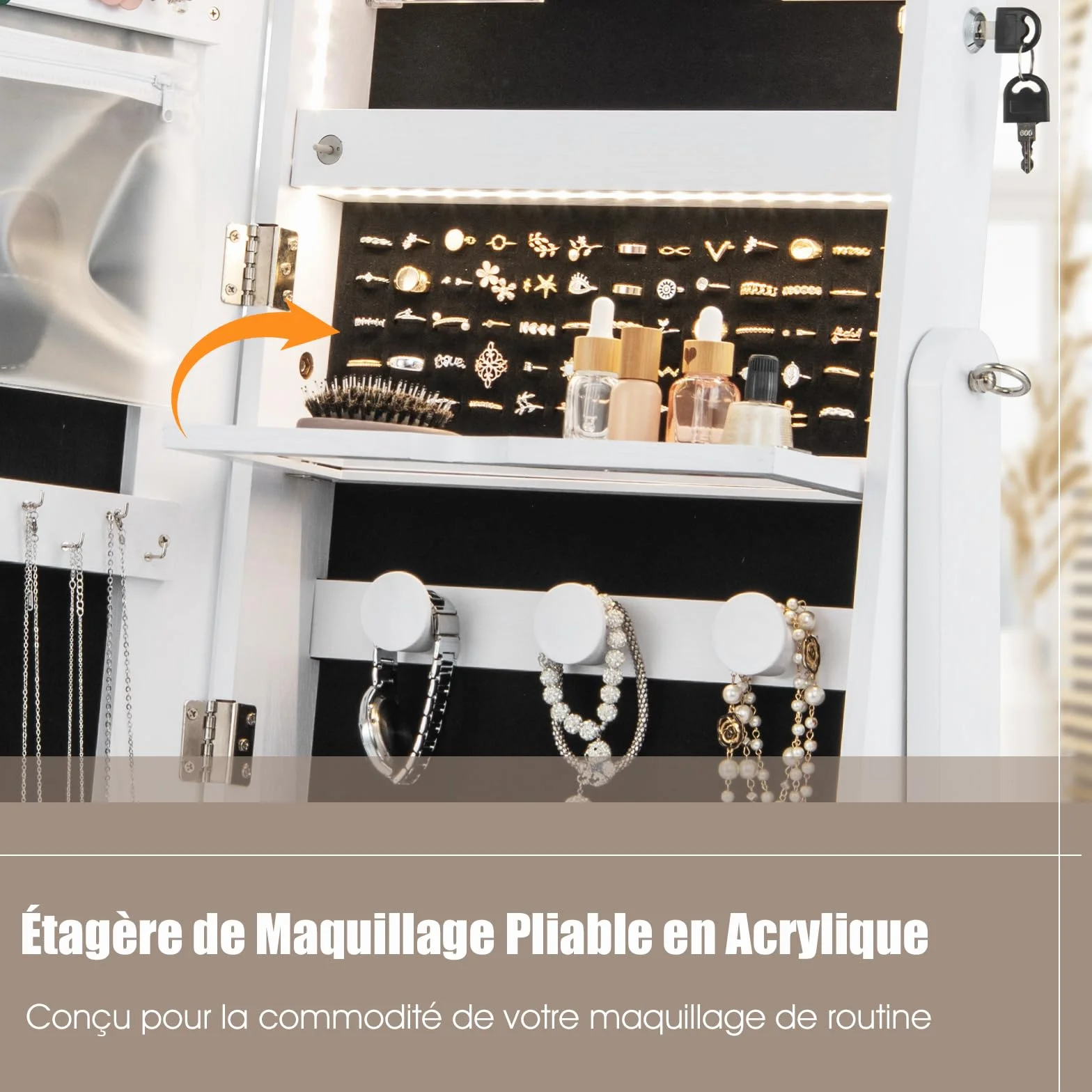 COSTWAY Armoire à Bijoux sur Roulettes Verrouillable avec Miroir Psyché et Lumières LED 3 Couleurs (Blanc)