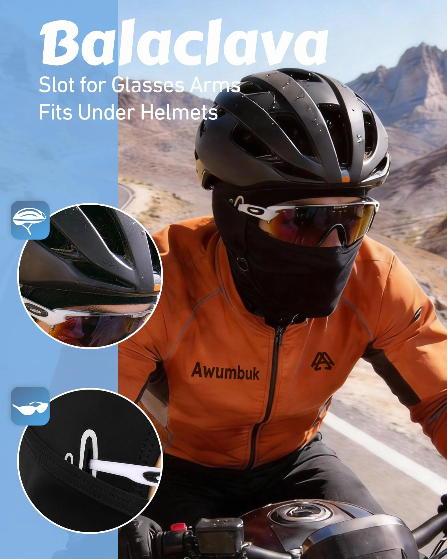 AWUMBUK Cagoule Moto Été Balaclava Masque Sport UV Tissu Glacé Respirant Homme Femme Vélo Randonnée Course Protection Solaire Anti-Insectes Noir