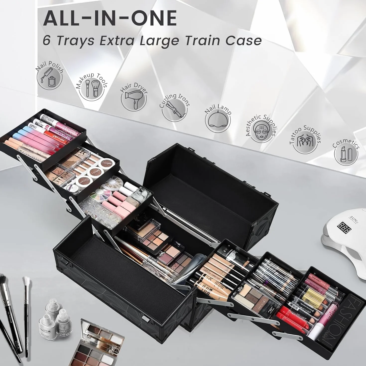 Mallette à Maquillage Valise Aluminium avec Doubles Serrures, Noir Grisâtre