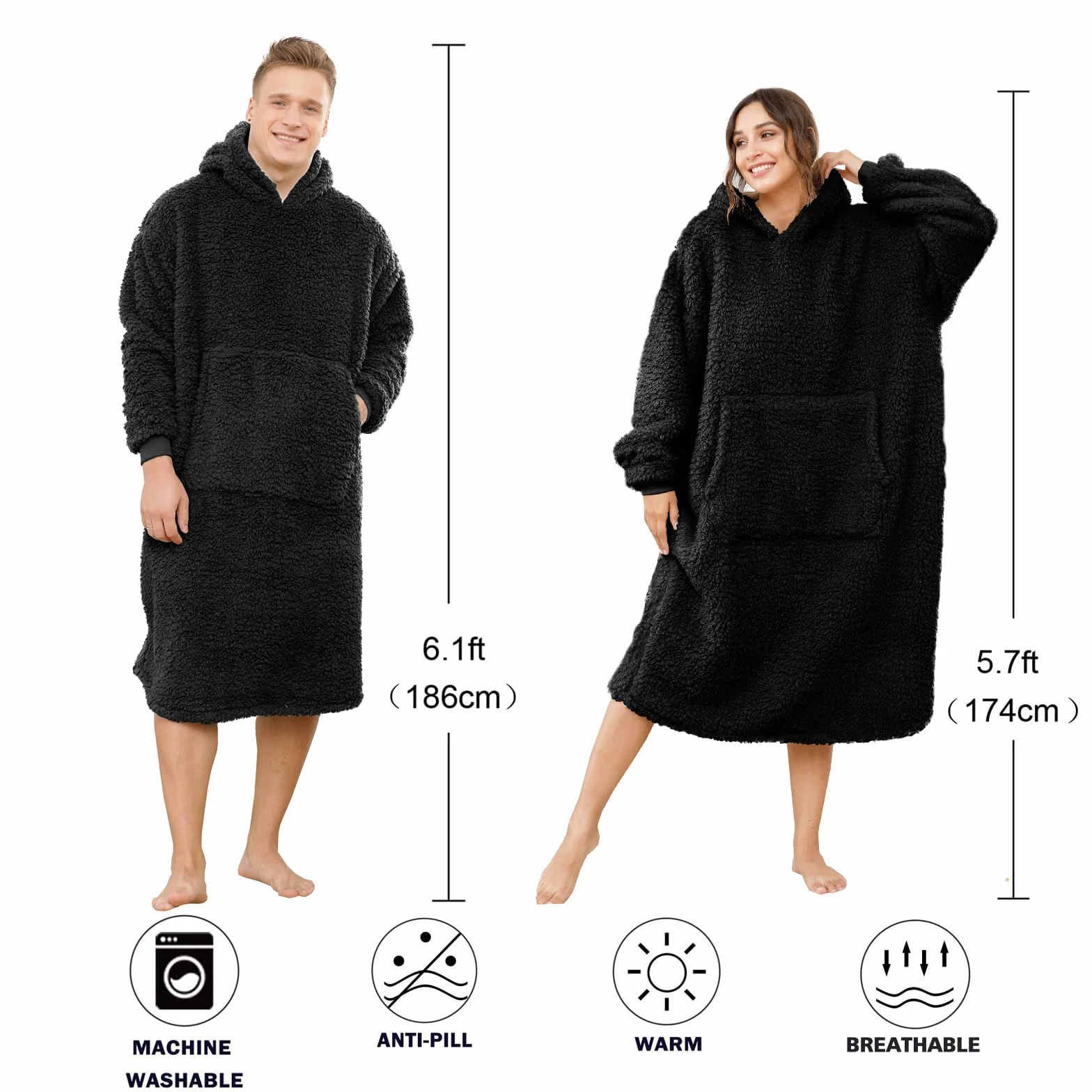 Couverture Sherpa Portable avec Capuche Oversize Noir Taille Unique
