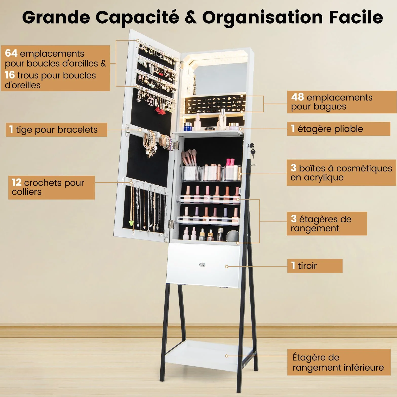 COSTWAY Armoire à Bijoux avec Miroir et Tiroir sur Pieds, Miroir Psyché HD sans Cadre, Verrouillable, Lumières LED 3 Couleurs, Blanc