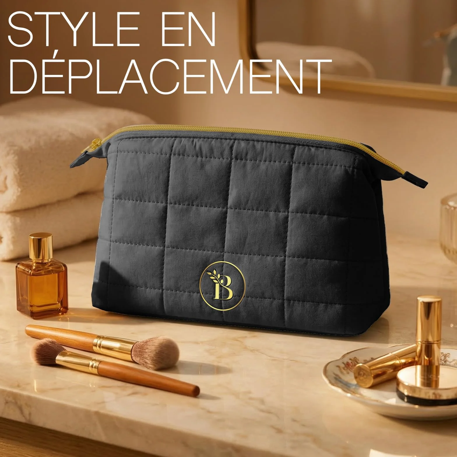 Trousse de Toilette Femme Noir Matelassée Grande Ouverture Organisateur Maquillage Voyage