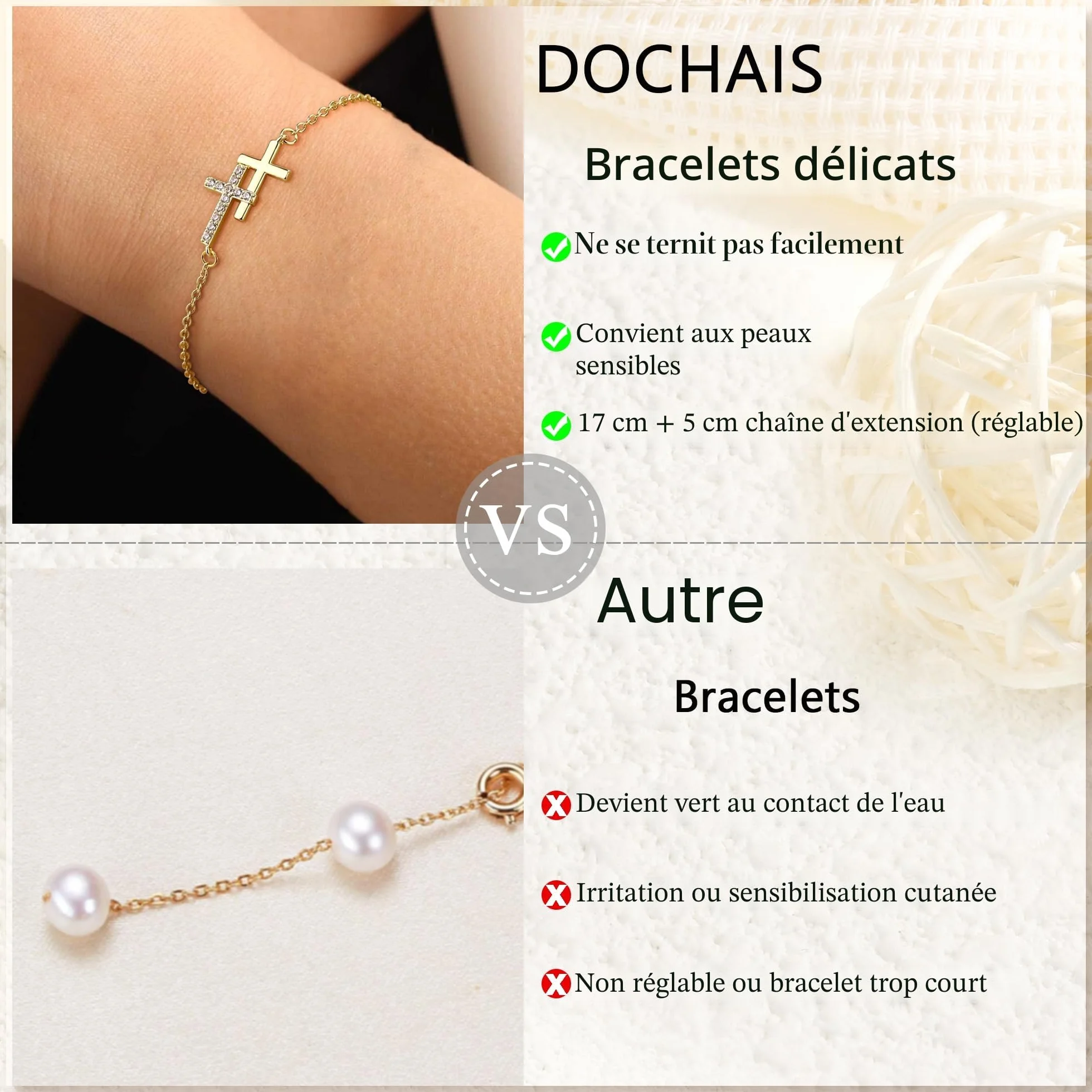 Bracelet Femme Or Plaqué 14K Réglable Chaîne Doré Croix