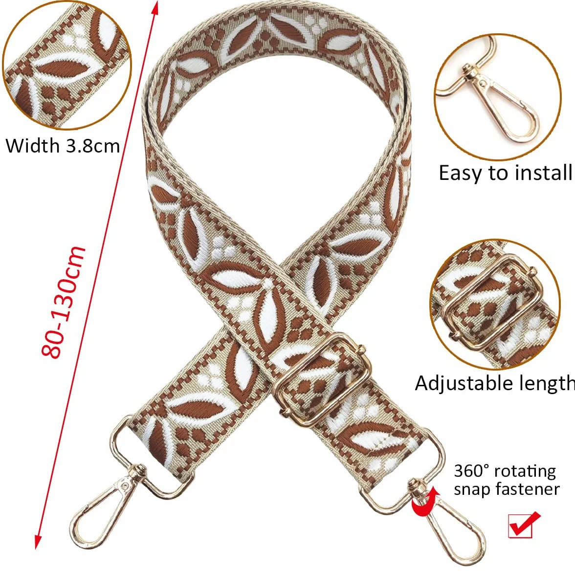Sangle Large Sac Bandoulière Remplacement Réglable 3.8cm Mousqueton Dorée Beige-Marron Foncé