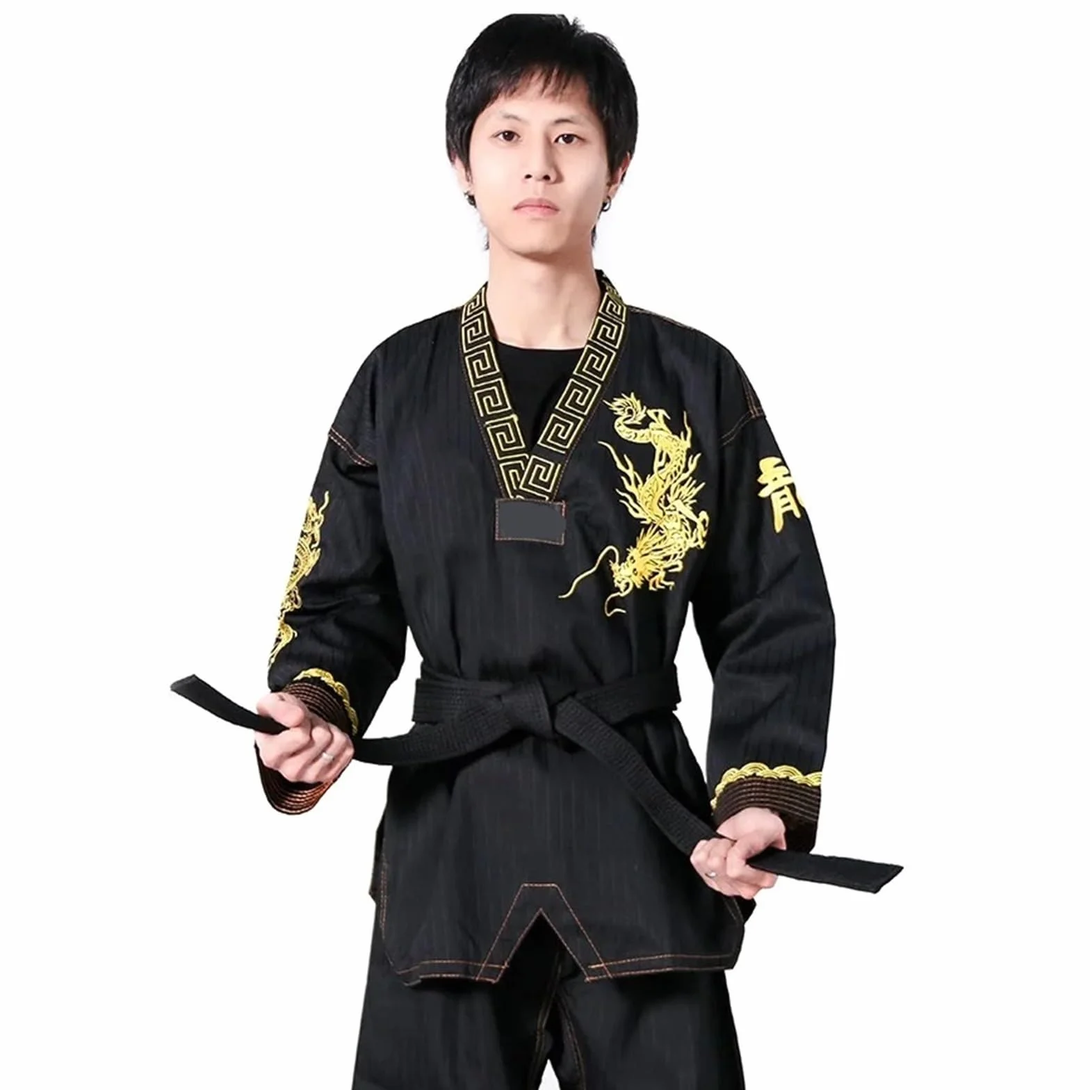 Ensemble d'uniforme Taekwondo Gi noir avec dragon brodé - Ceinture incluse