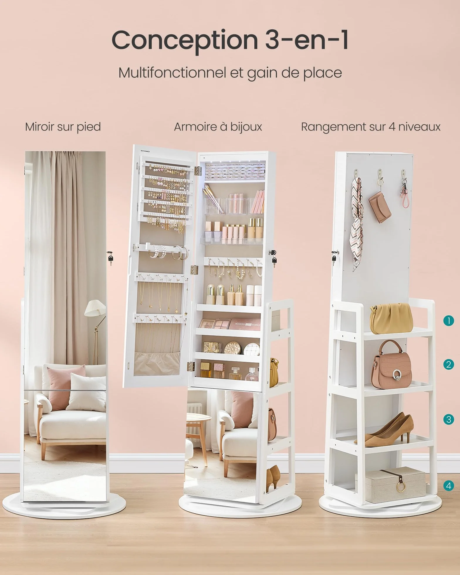 SONGMICS Armoire à Bijoux avec Miroir Intégral, Éclairage et Rotation 360°, Blanc Nuage JJC027WH01