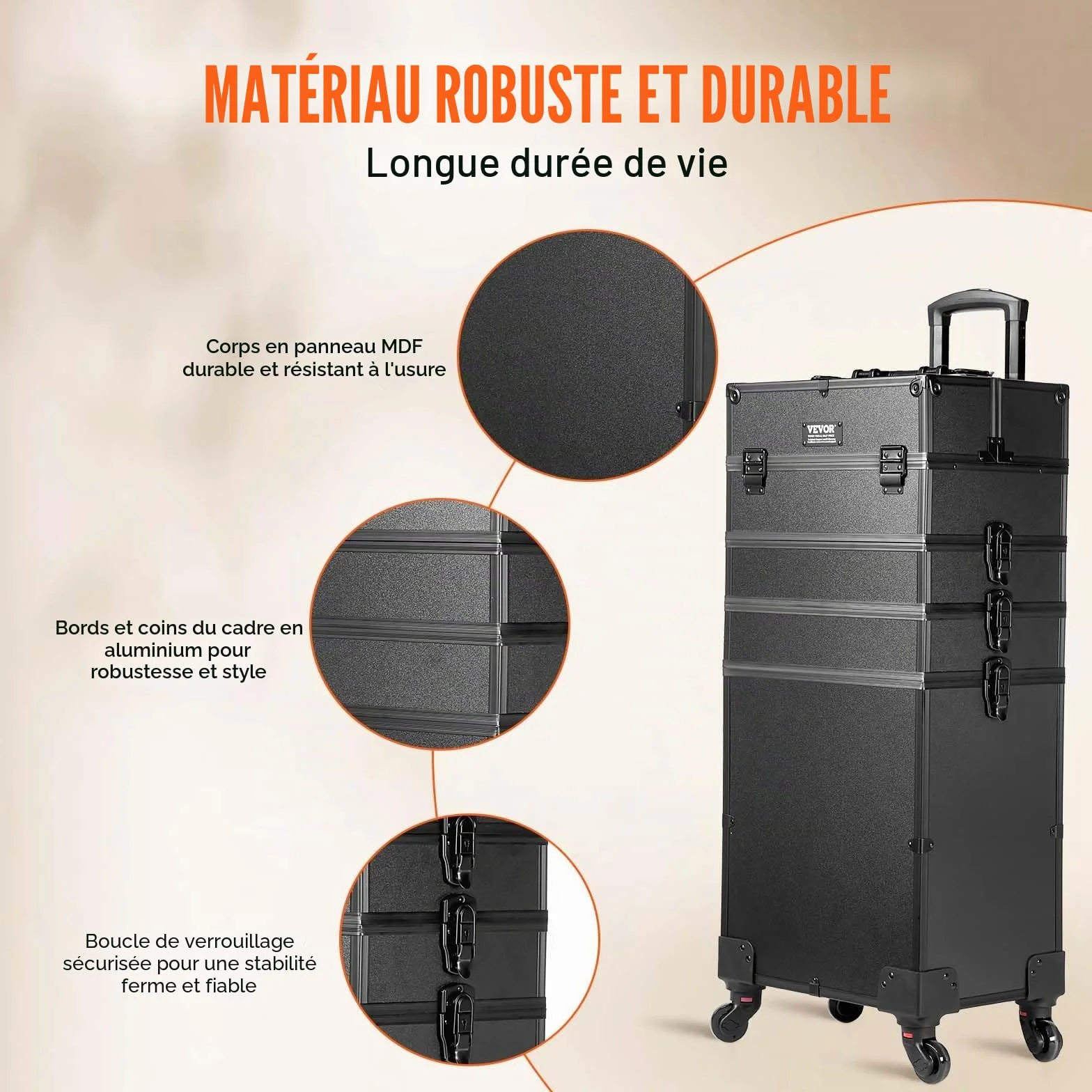 VEVOR Mallette de Maquillage à Roulettes 5en1 Valise de Rangement Aluminium Trousse Maquillage Professionnelle Voyage Roues Pivotantes 360° Noir