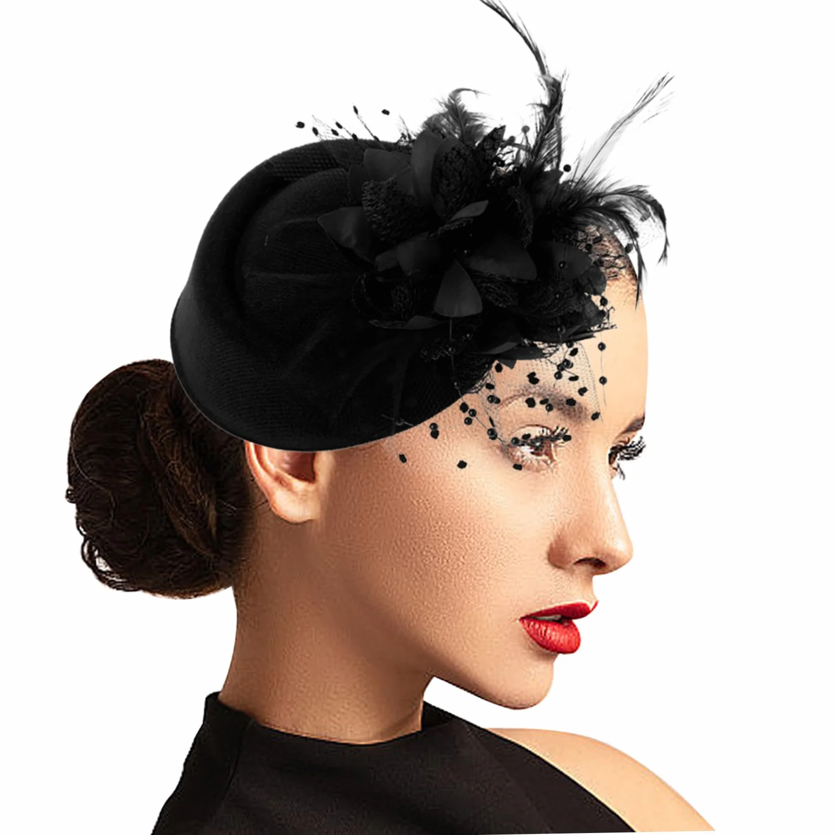 Chapeaux Fascinateurs Vintage Noirs pour Femmes Plumes Cocktail Mariage