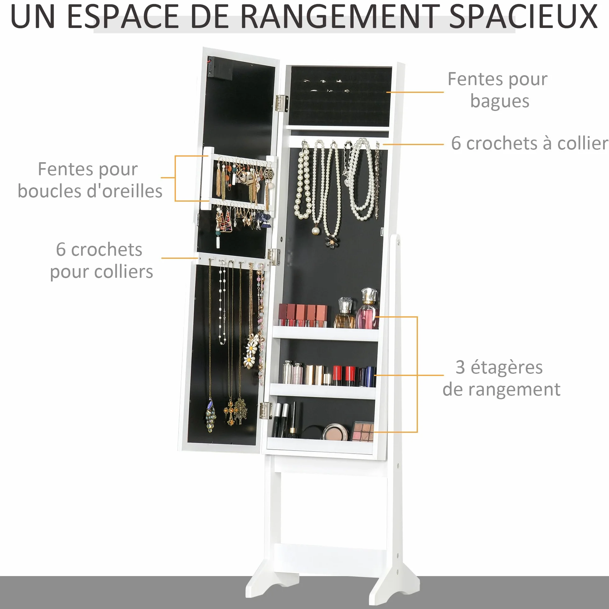 HOMCOM Armoire à bijoux avec miroir et éclairage LED blanc
