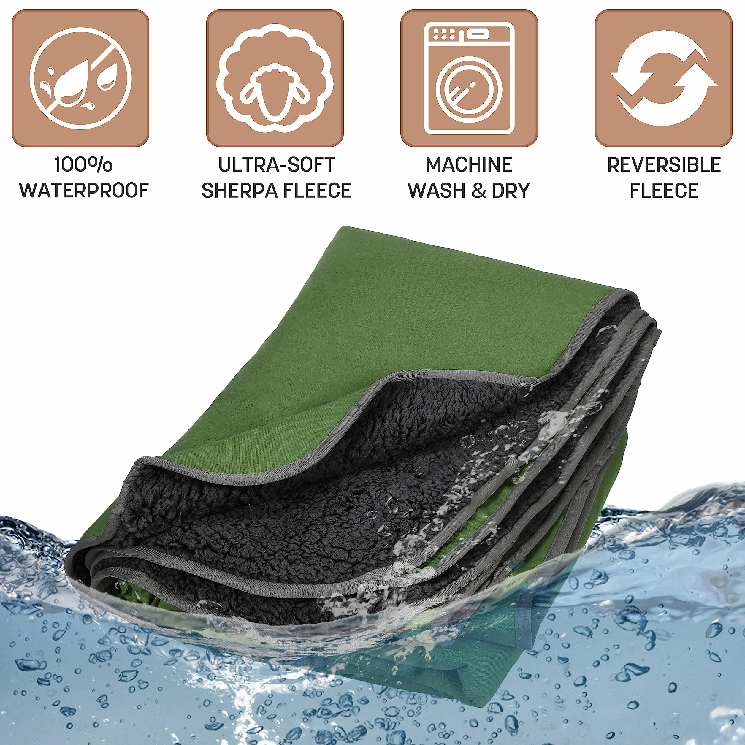 Kato Tirrinia Couverture d'extérieur imperméable Sherpa 200 x 150cm Vert/Noir