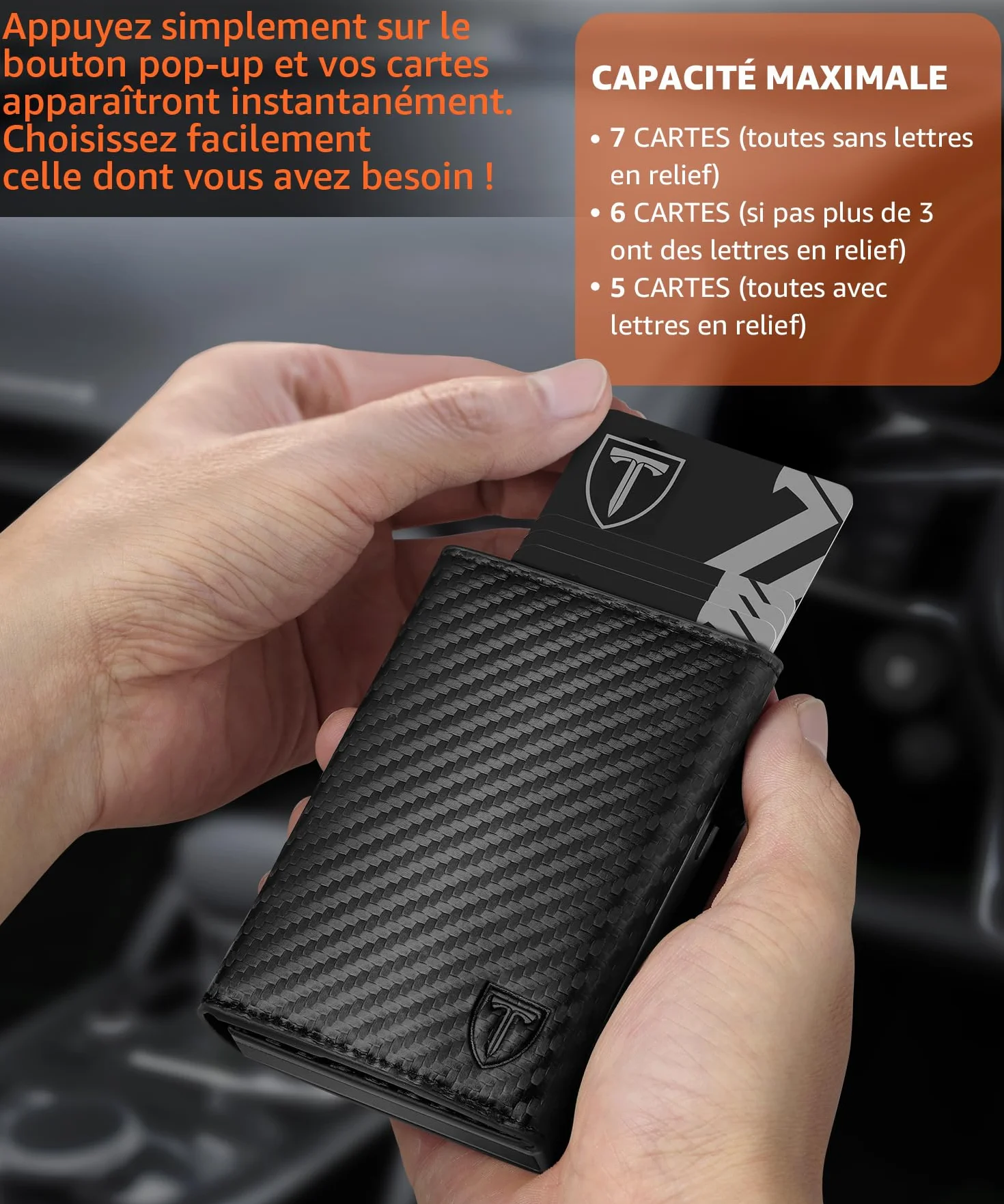 TEEHON Portefeuille Homme Fibre de Carbone Magnétique Porte Carte RFID Blocage Compartiment Billets Monnaie Noir Orange