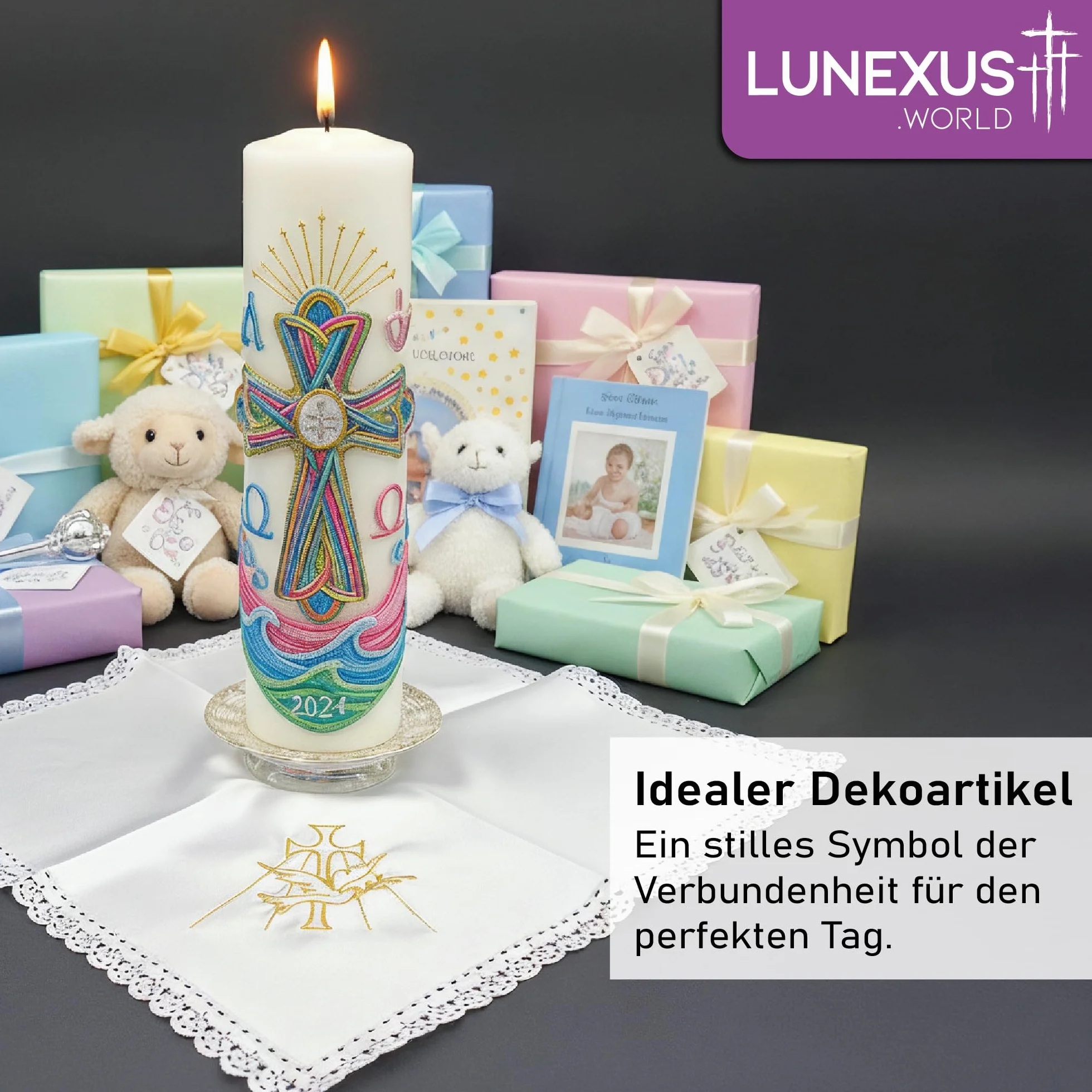 Tissu décoratif baptême blanc 35 x 35 cm croix dorée colombe dentelle