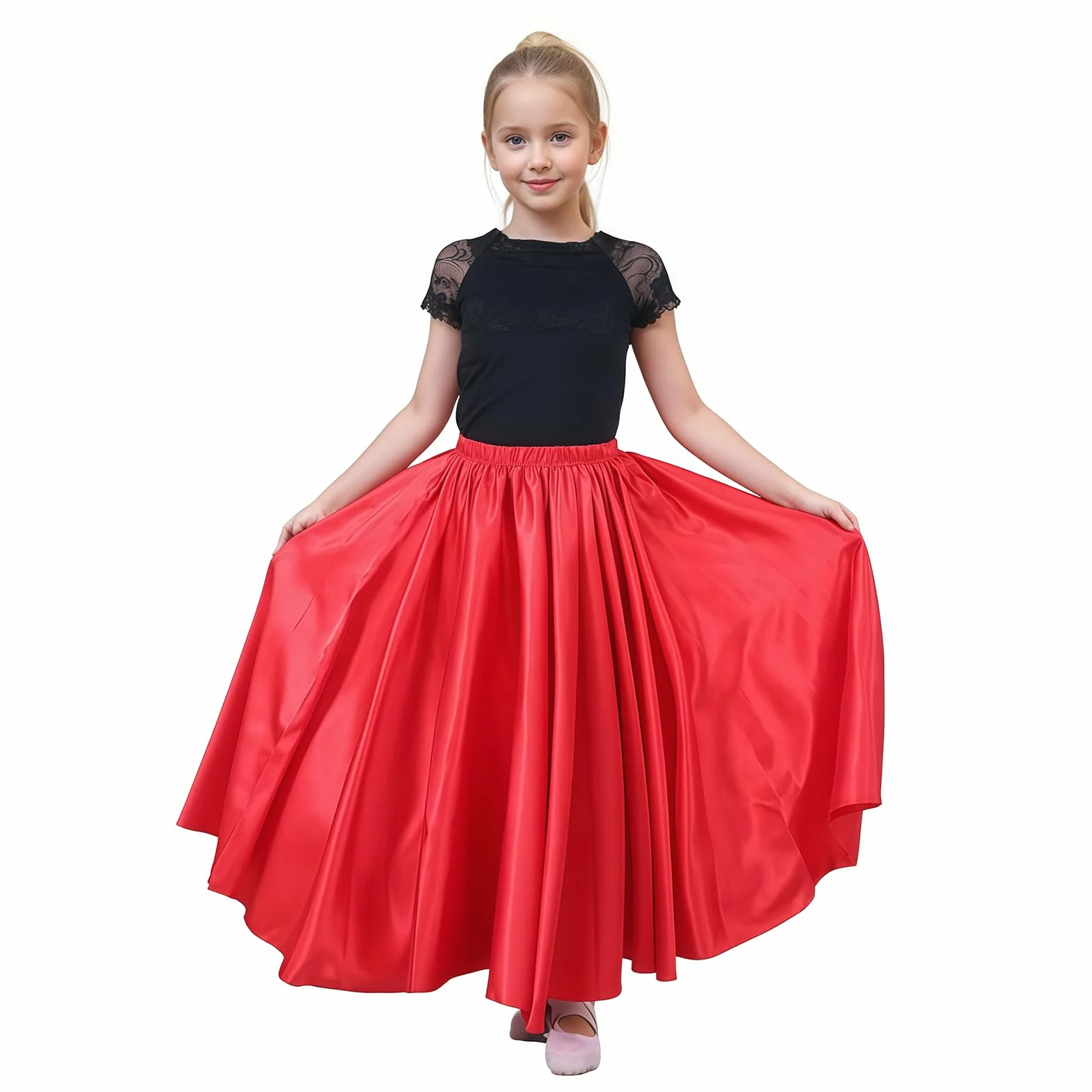 Jupe de Danse Orientale pour Fille, Jupe Longue en Satin Brillant pour Danse du Ventre, Flamenco