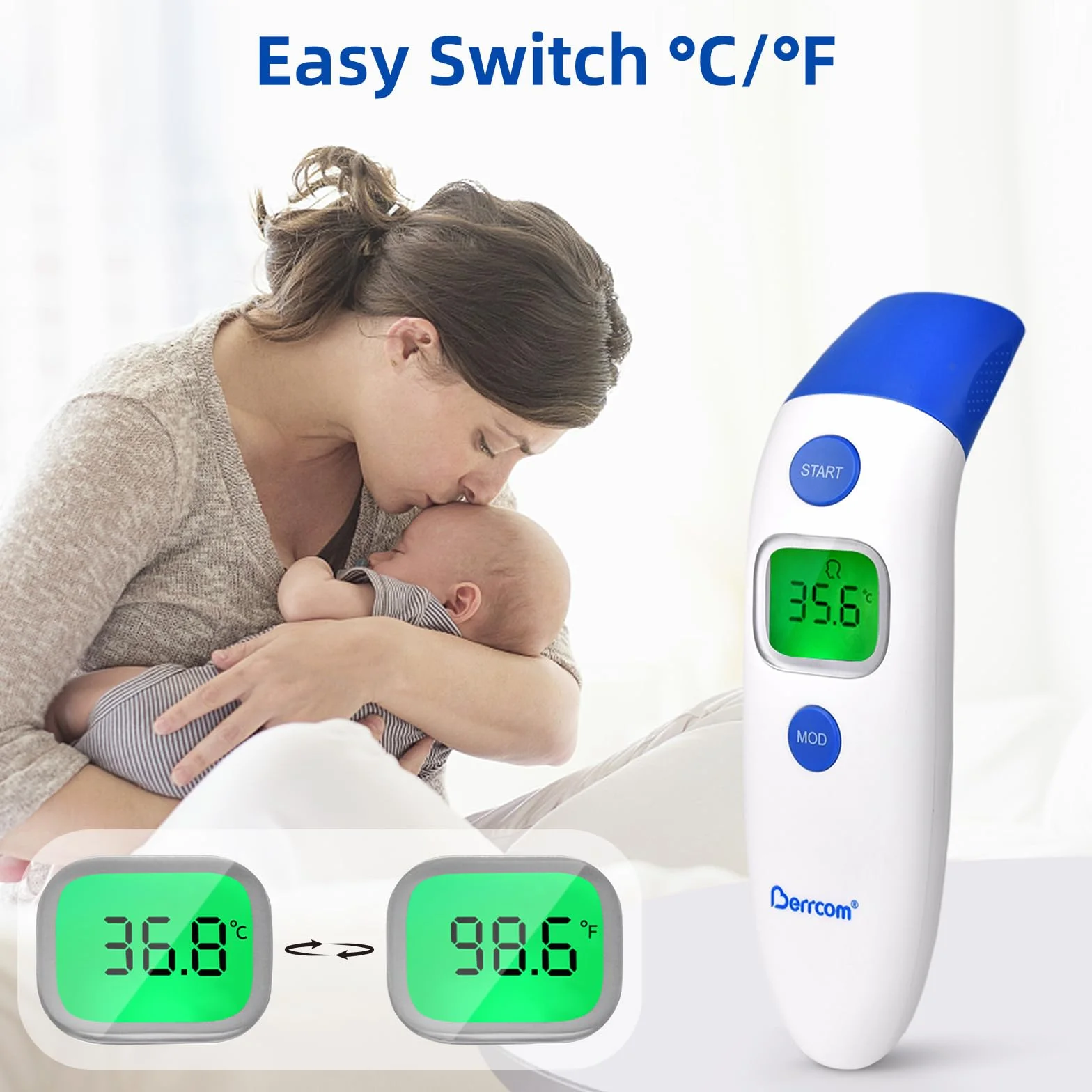 Berrcom Thermomètre frontal et auriculaire numérique sans contact infrarouge bébé adulte