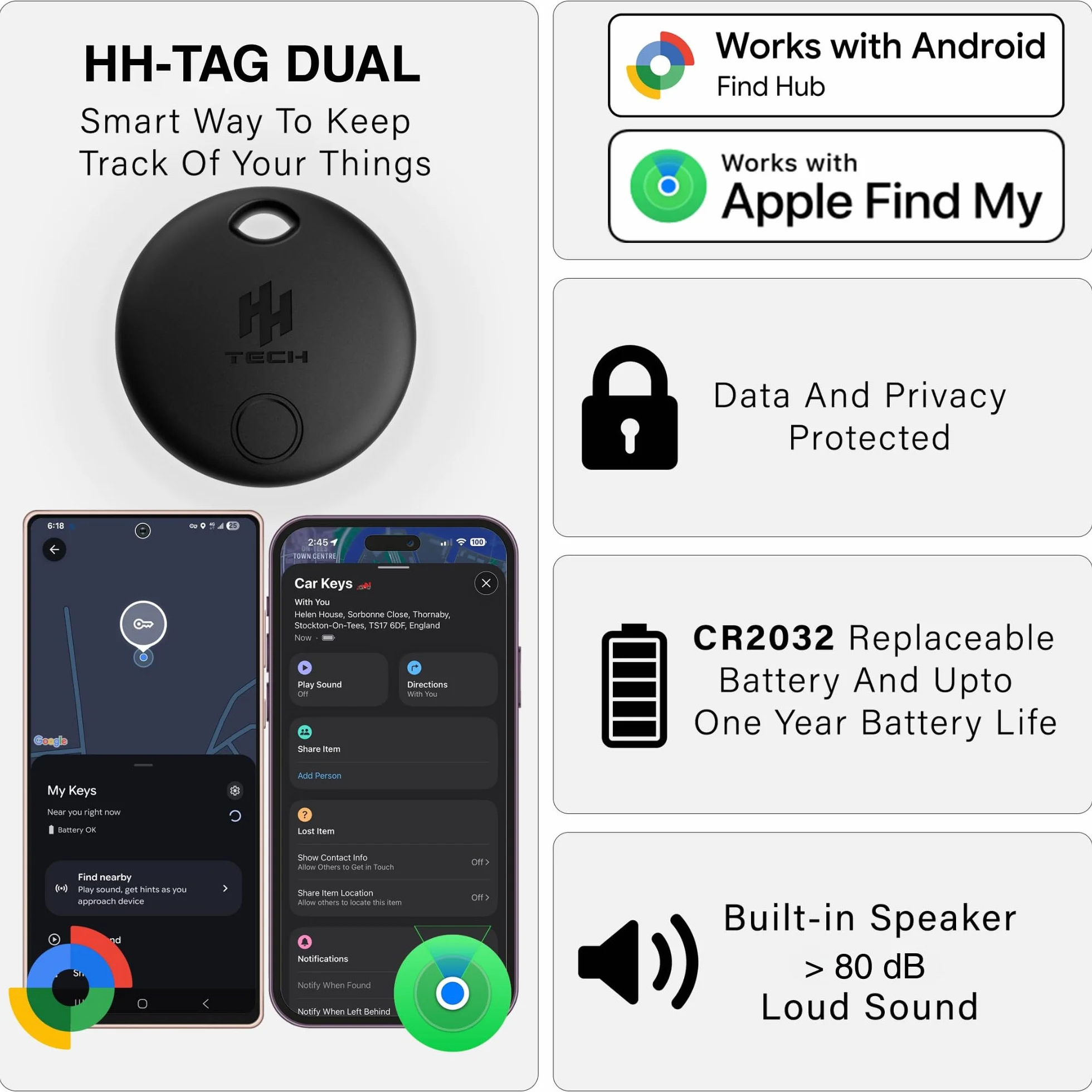 HH-Tech Lot de 4 étiquettes de suivi intelligent double système pour Apple Android, batterie remplaçable