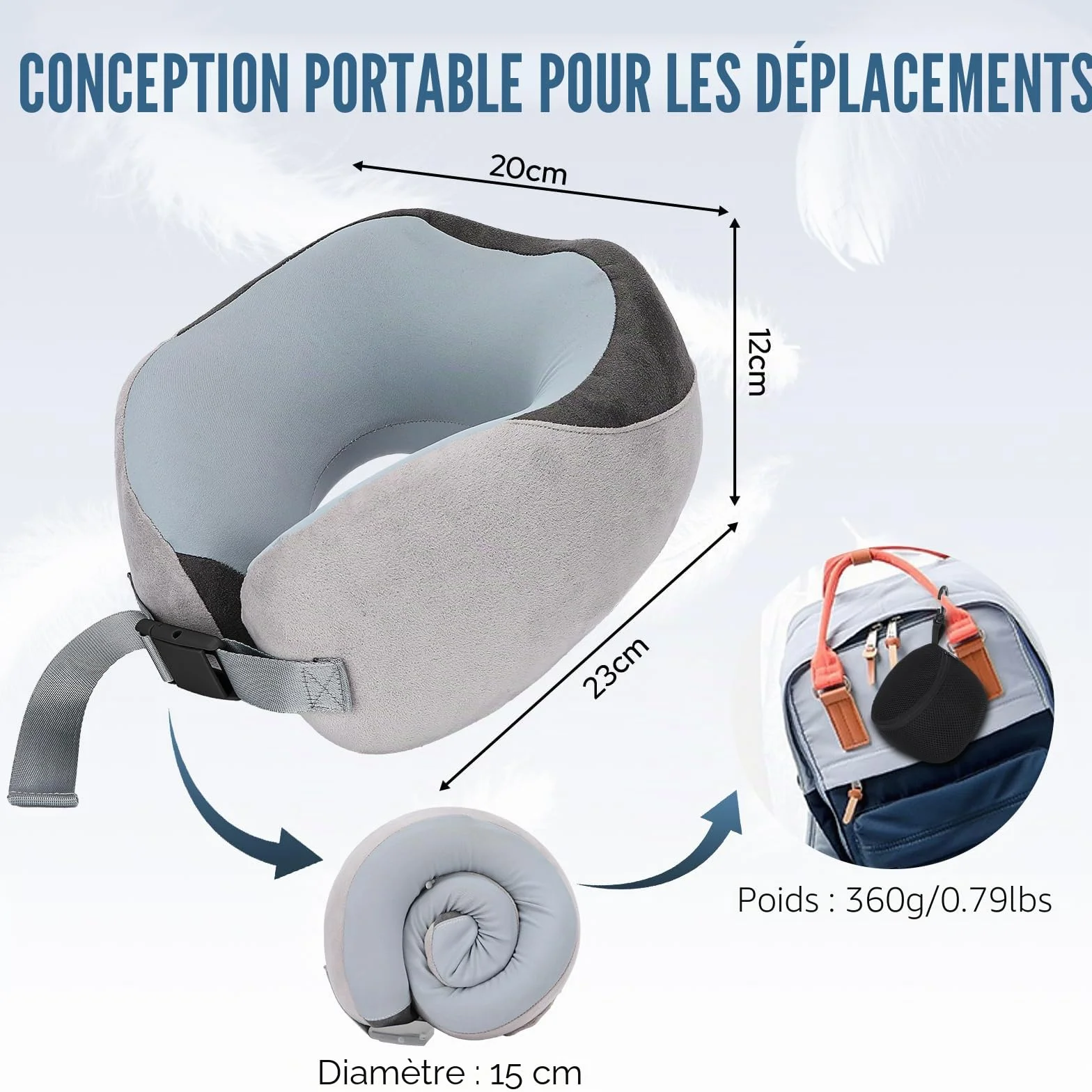 Oreiller de Voyage pour Avion en Mousse à Mémoire de Forme, Coussin Avion Soie de Glace Réglable avec Sac de Rangement (Gris)