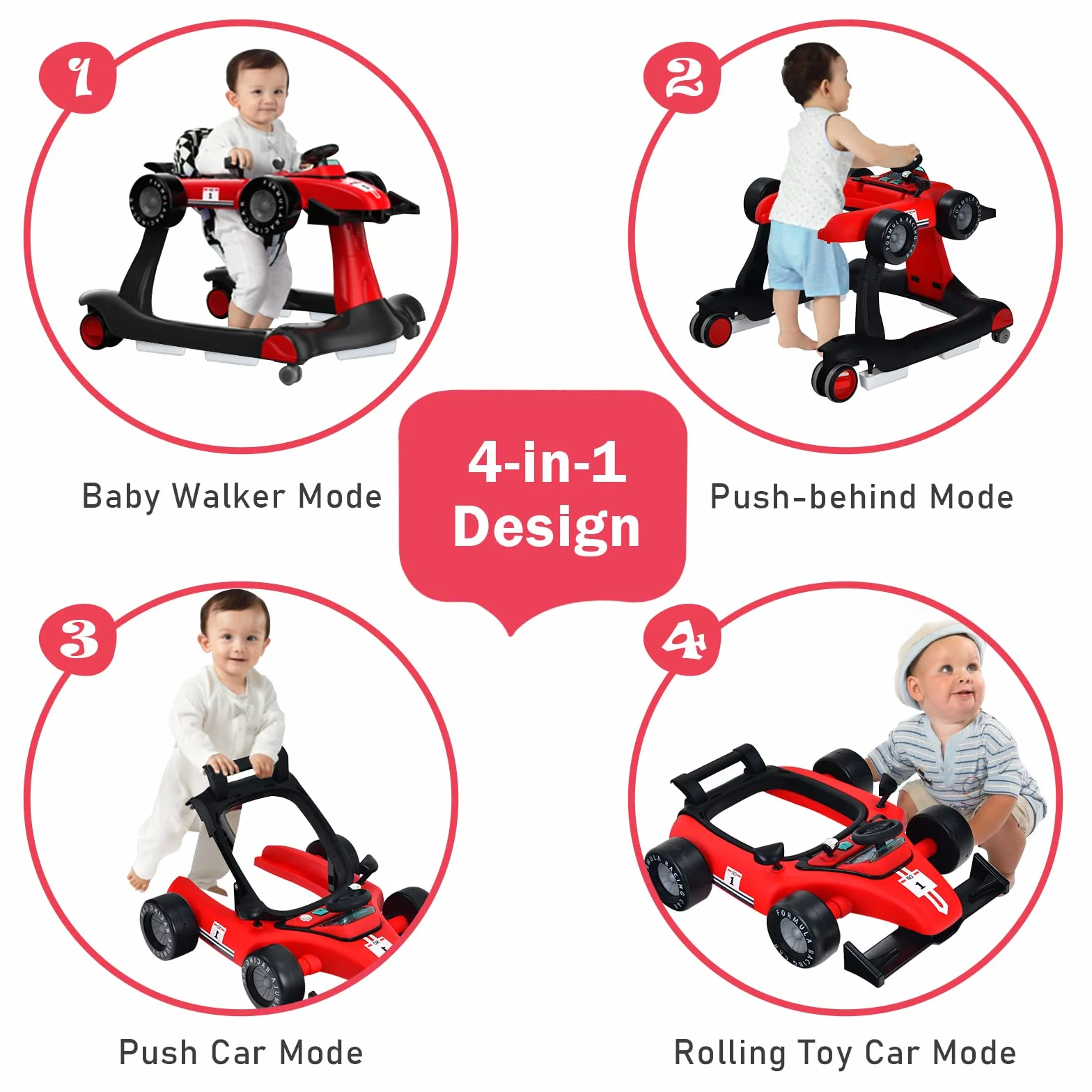 LIFEZEAL Trotteur Bébé 4 en 1 Pliable avec 3 Hauteurs Réglables, Marcheur Musical, 6-18 Mois, 15 kg, Rouge