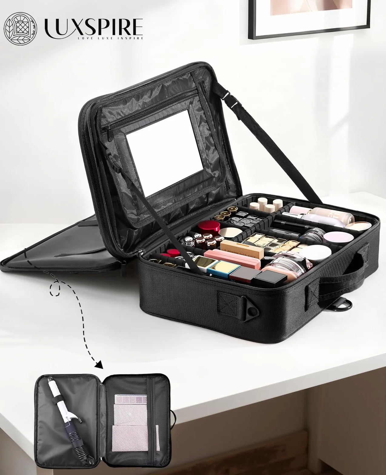 Luxspire Malette Maquillage Femme Trois Étages Portable Miroir Valise Sac Toilette Compartiment Réglable Noir