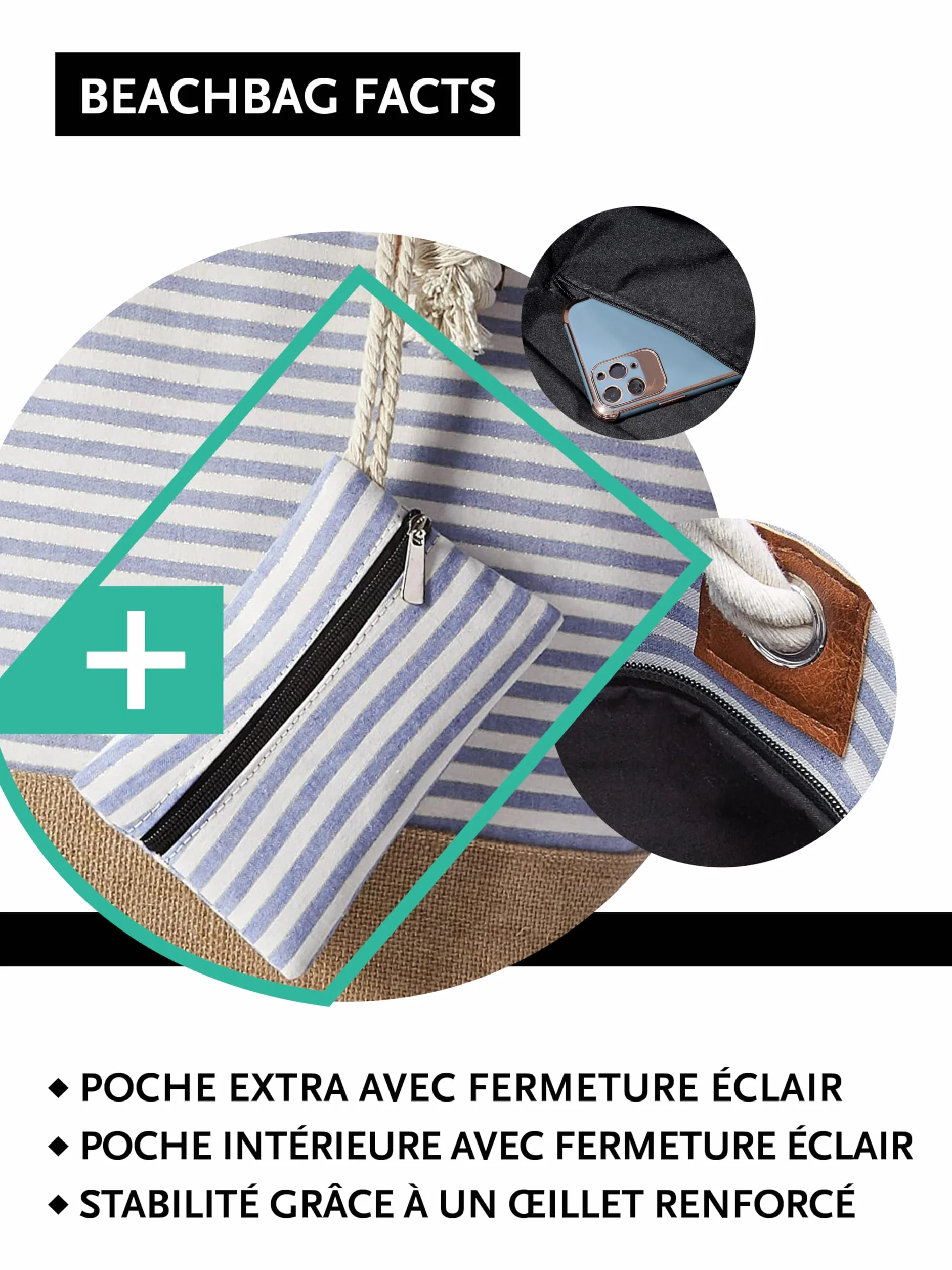 DonDon Grand sac de plage imperméable avec fermeture à glissière sac shopping à bandoulière