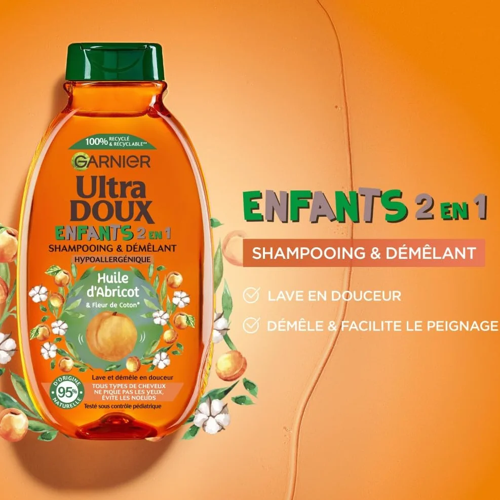 Garnier Ultra Doux Shampooing & Démêlant 2-en-1 Enfants Huile d'Abricot Fleur de Coton Hypoallergénique 400 ml
