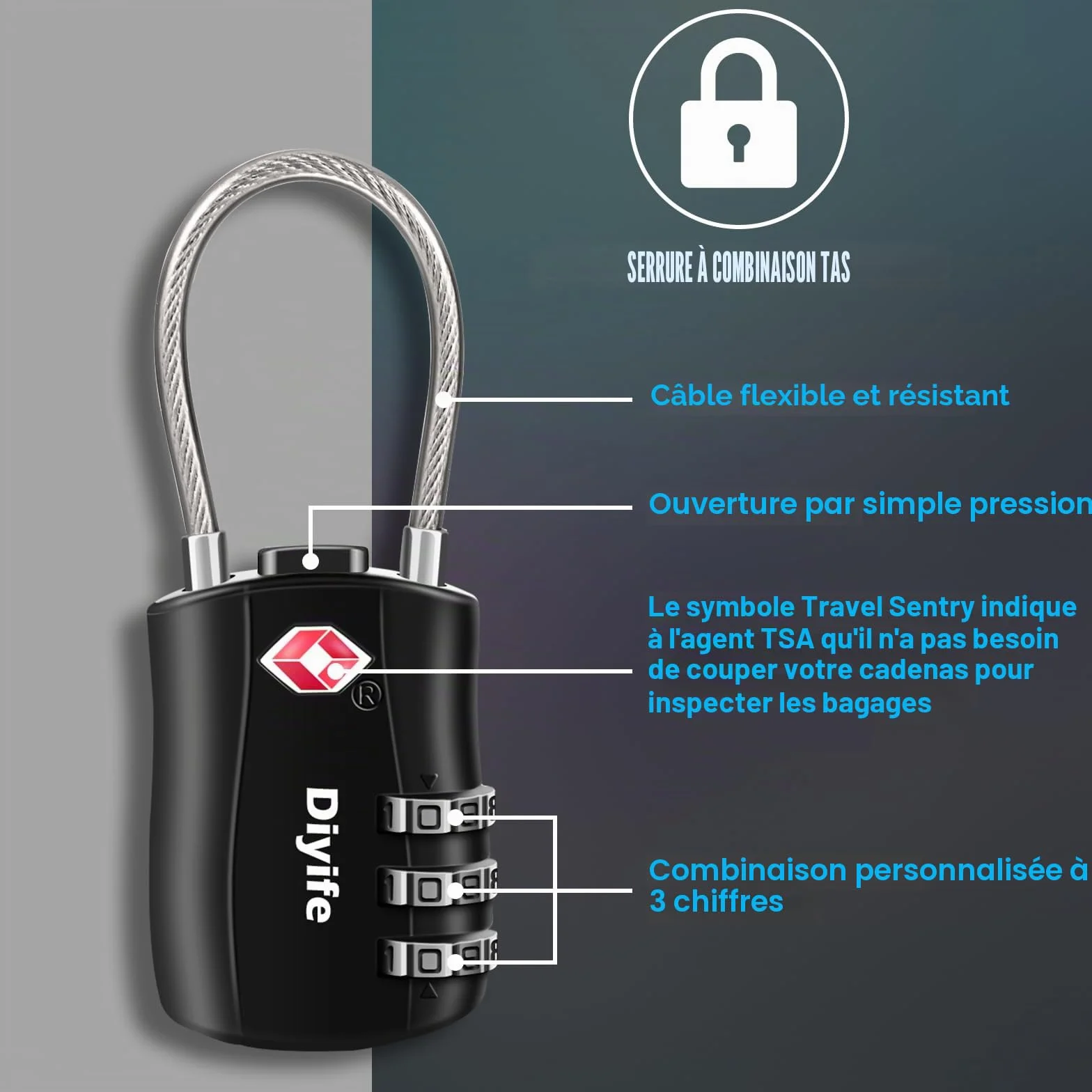 Cadenas pour Bagages TSA Lot de 2, Cadenas de Voyage à 3 Chiffres, Noir