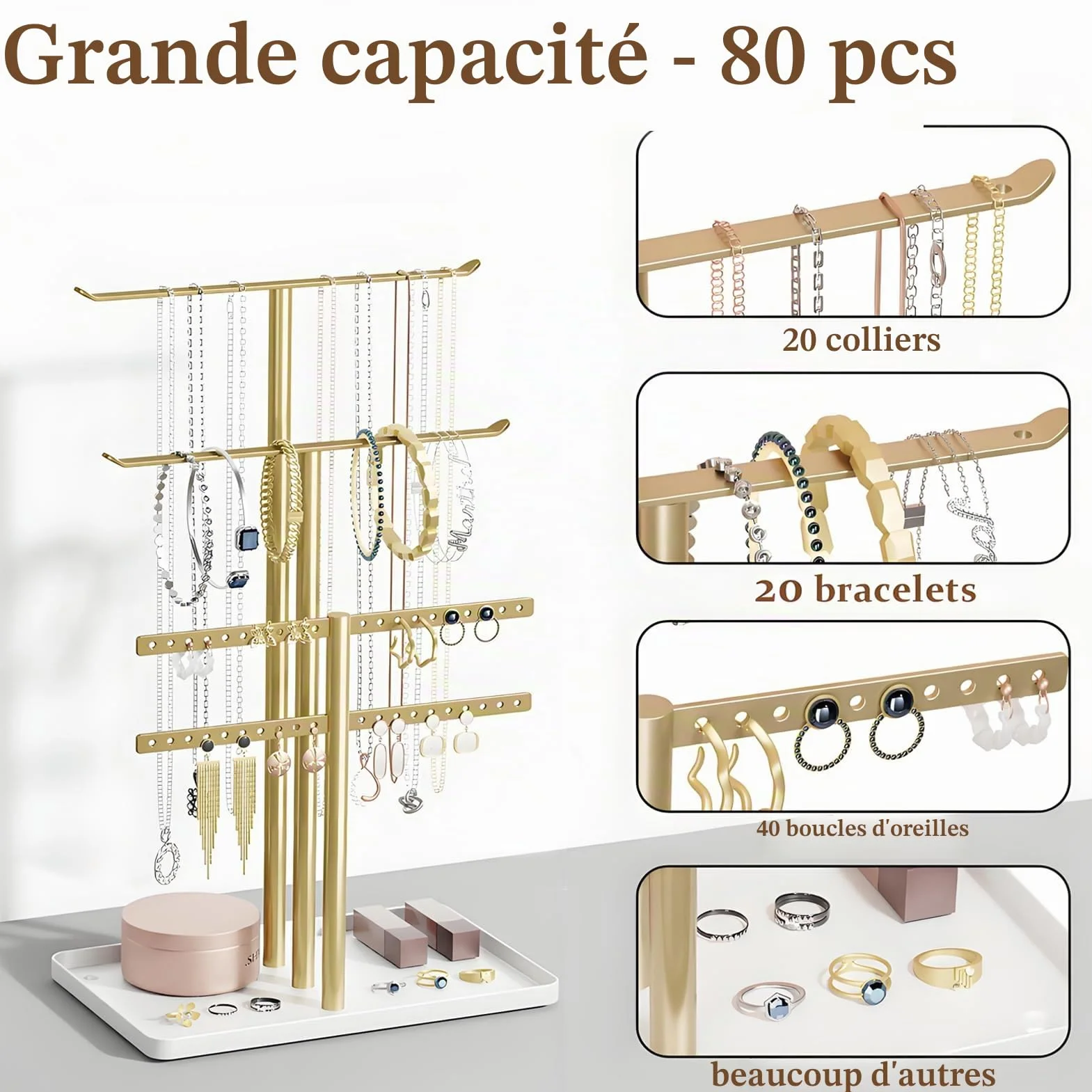 Organisateur de Support à Bijoux à 3 Niveaux - Porte-Bijoux Doré pour 80 Pièces - Cadeau pour Femmes