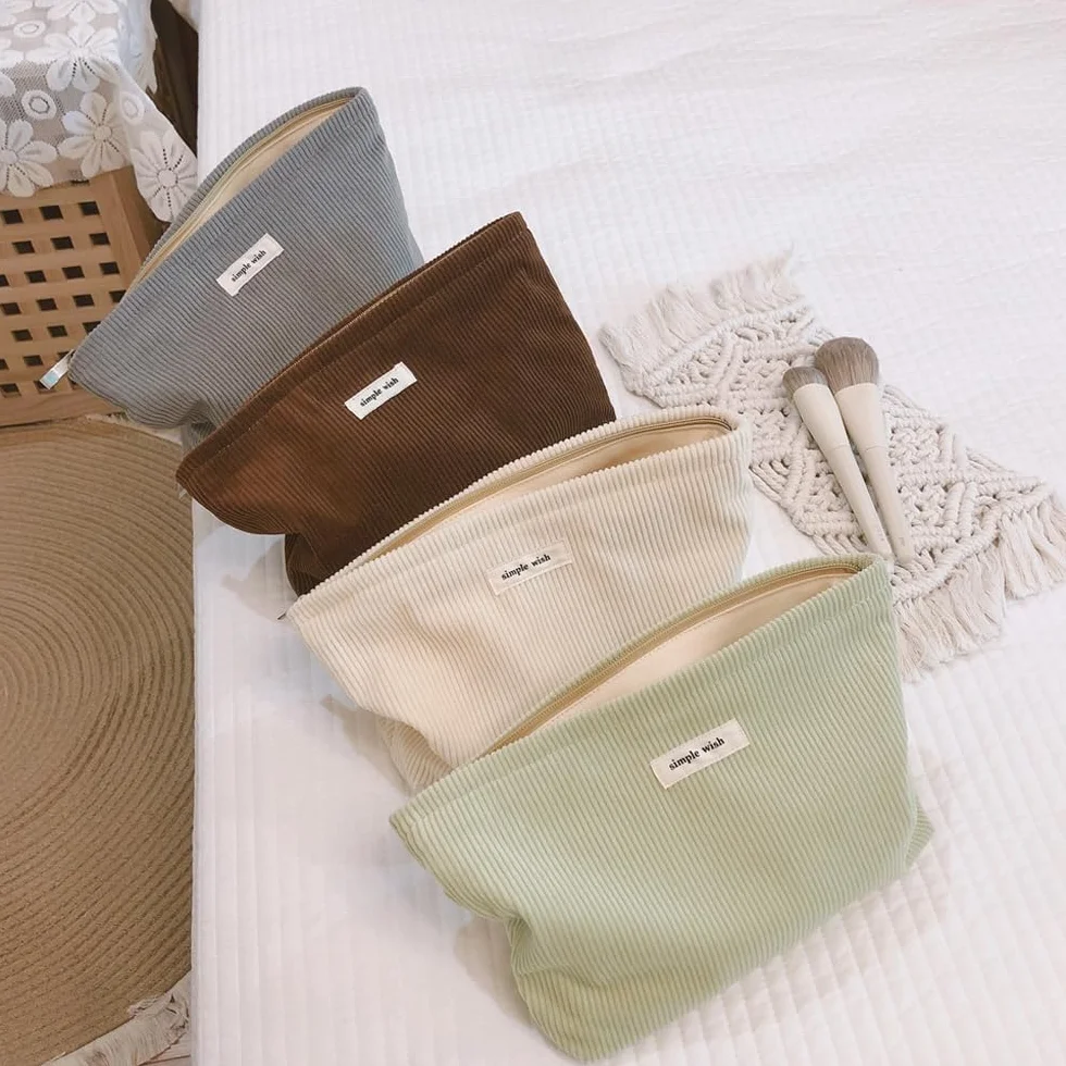 Trousse de Toilette Femme en Velours Côtelé pour Voyage, Maquillage, Sac Cosmétique (Vert)