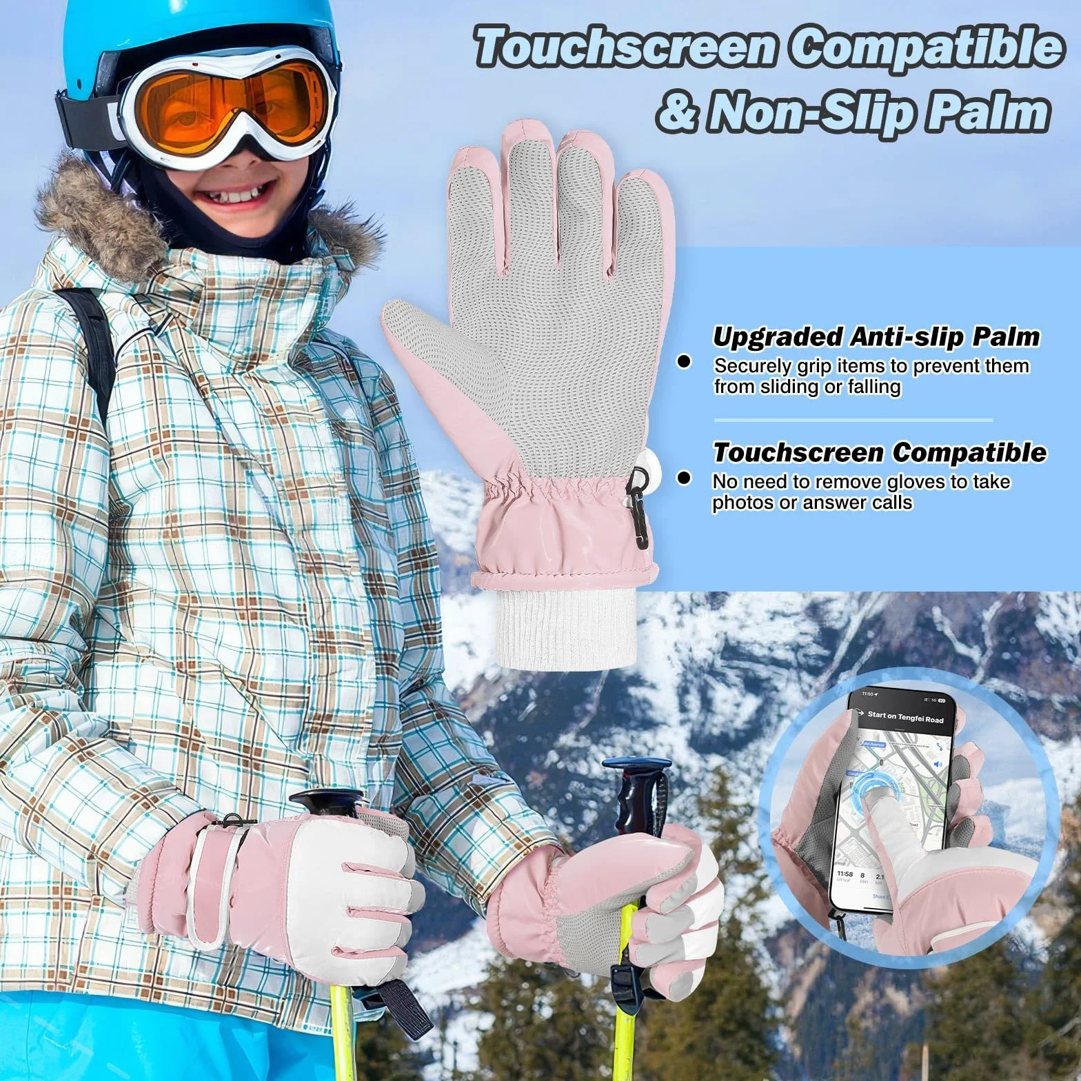 MoKo Gants de Ski Imperméables Enfants 6-15 Ans Coupe-Vent Neige Thermiques Bleu M