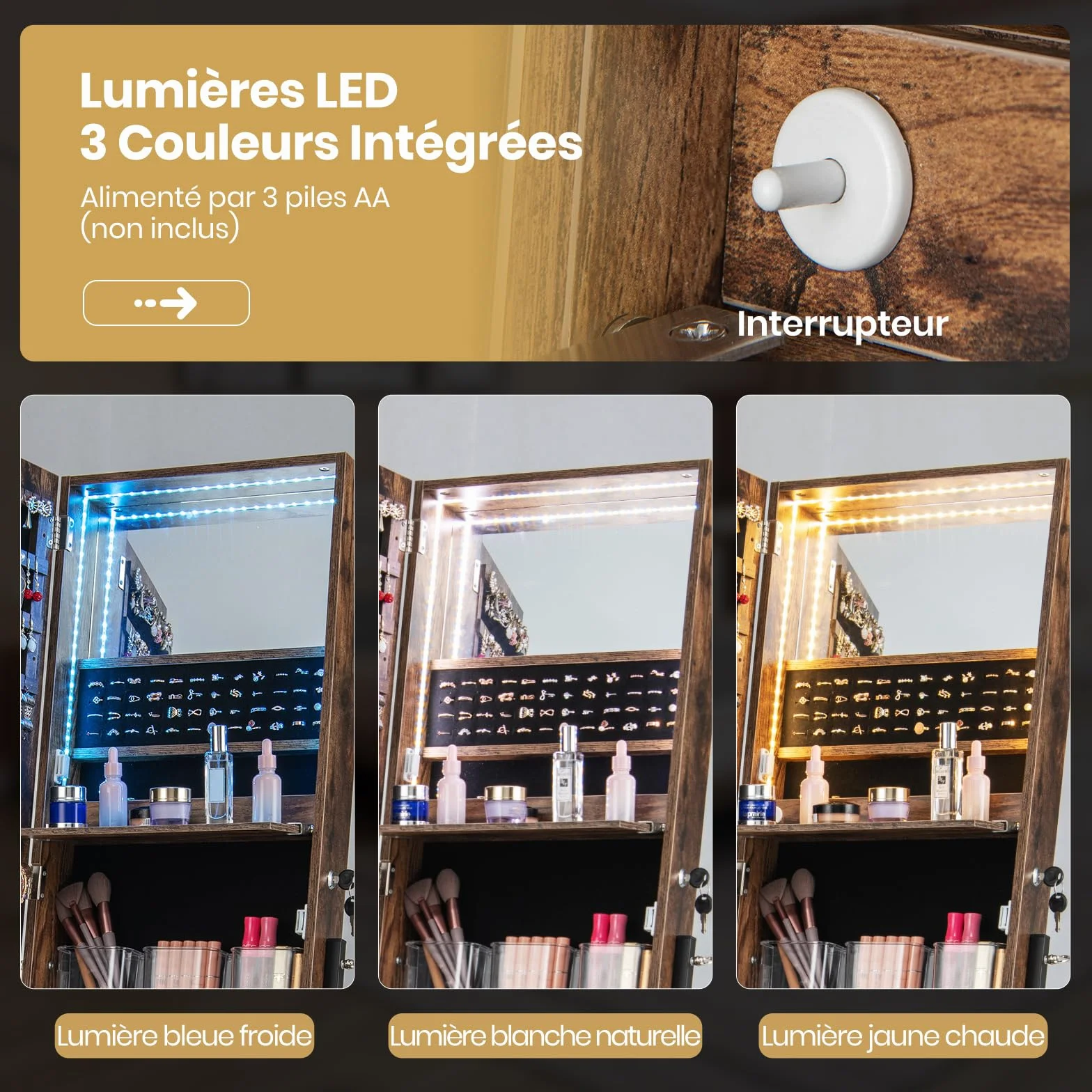 GOPLUS Armoire à Bijoux sur Pied 166CM avec Lumières LED 3 Couleurs, Miroir Pleine Longueur, Verrouillable (Marron)