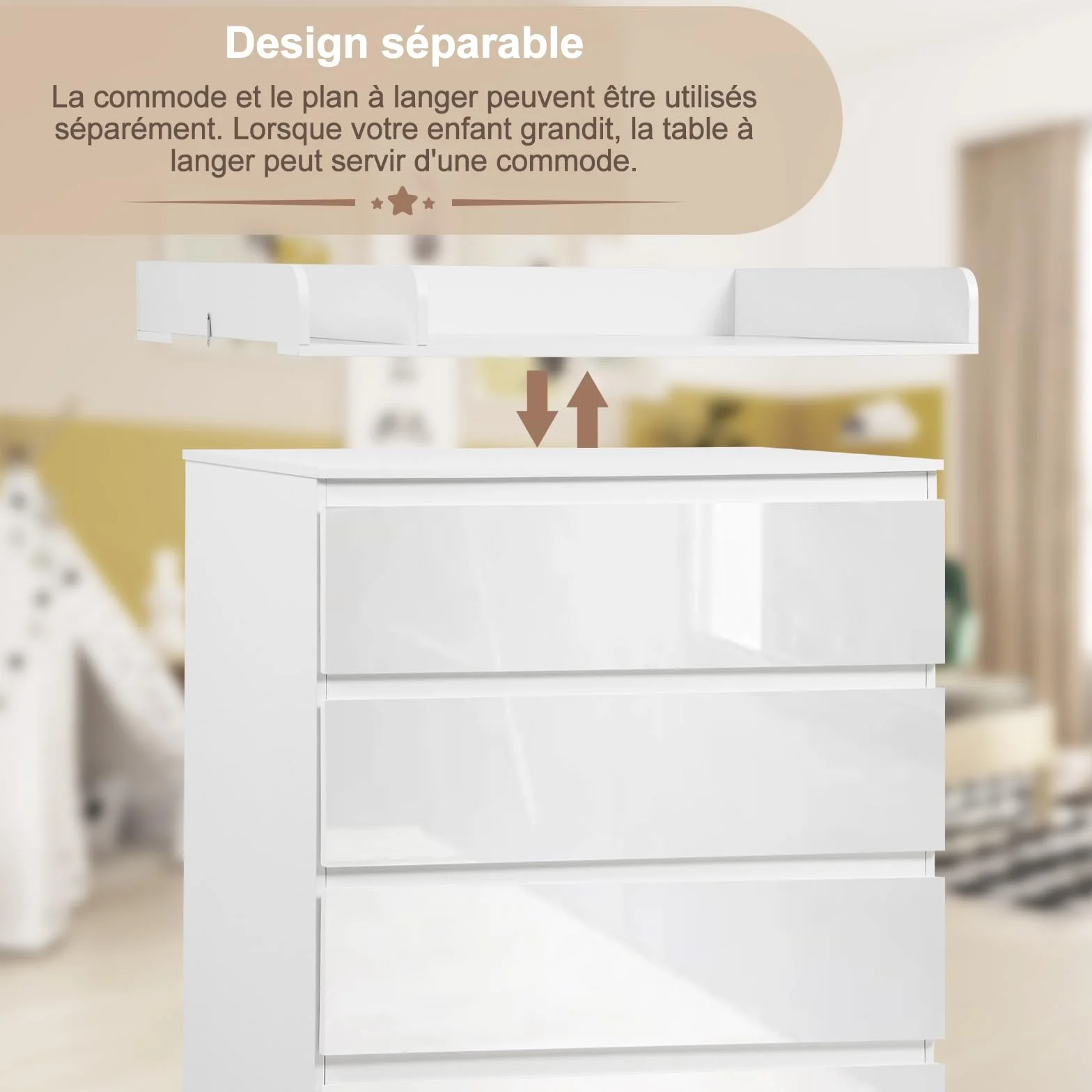 WOLTU Table à Langer Commode 4 Tiroirs Meuble Bébé Bois d'Ingénierie Blanc Brillant 80x75x109,2cm