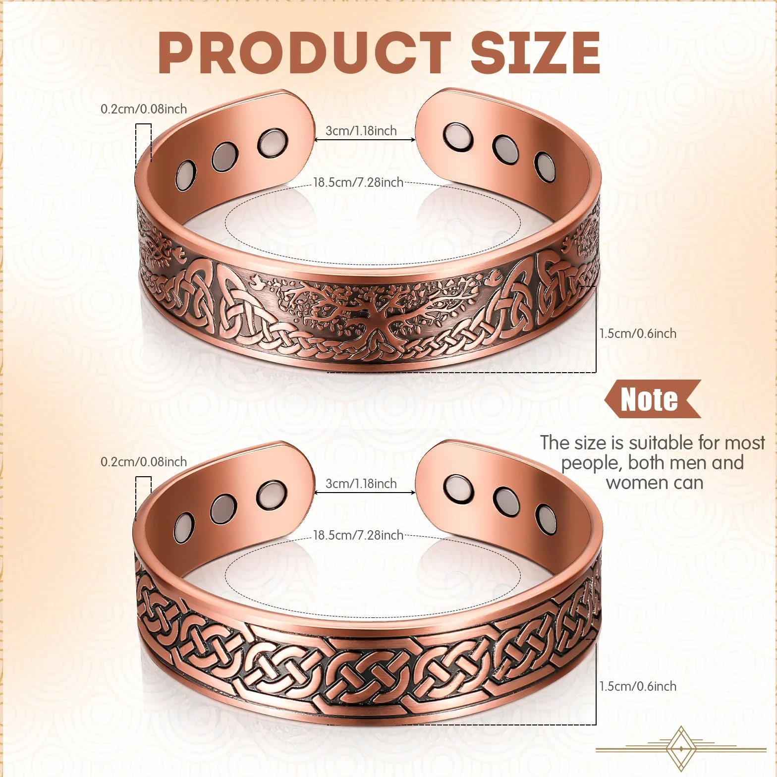 Bracelets Magnétiques en Cuivre 99,99% 3500 Gauss 9 Aimants Réglable Arbre Celtique, 2 Pièces