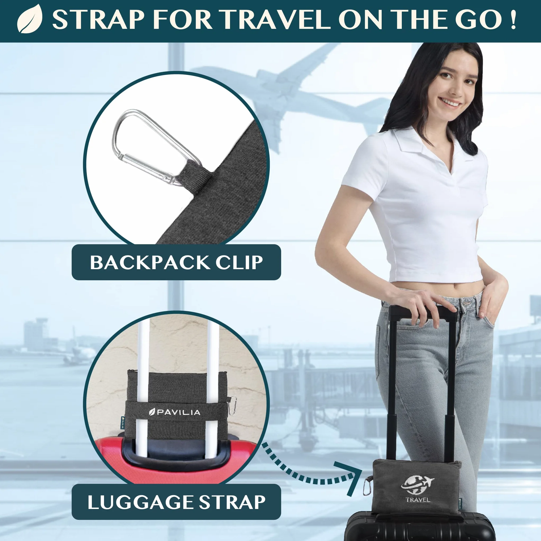 PAVILIA Couverture de Voyage Compacte Sac Pliable en Polaire Douce Ensemble de Coussins Portables Avion Clip Sac à Dos Noir