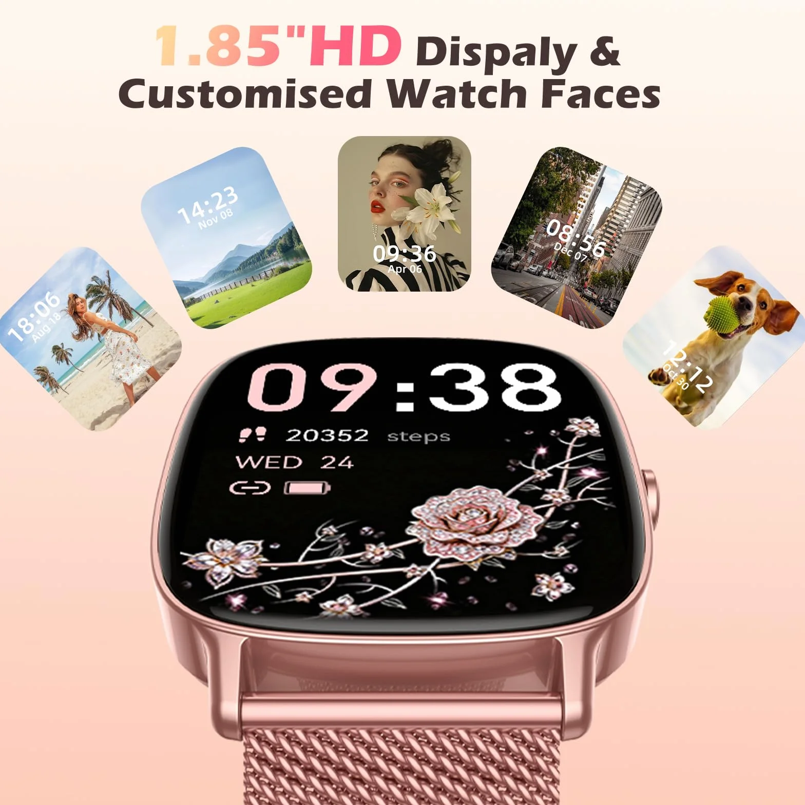 Montre connectée Femme 1,85 Pouces IP68 Cardiofréquencemètre Podomètre Rose