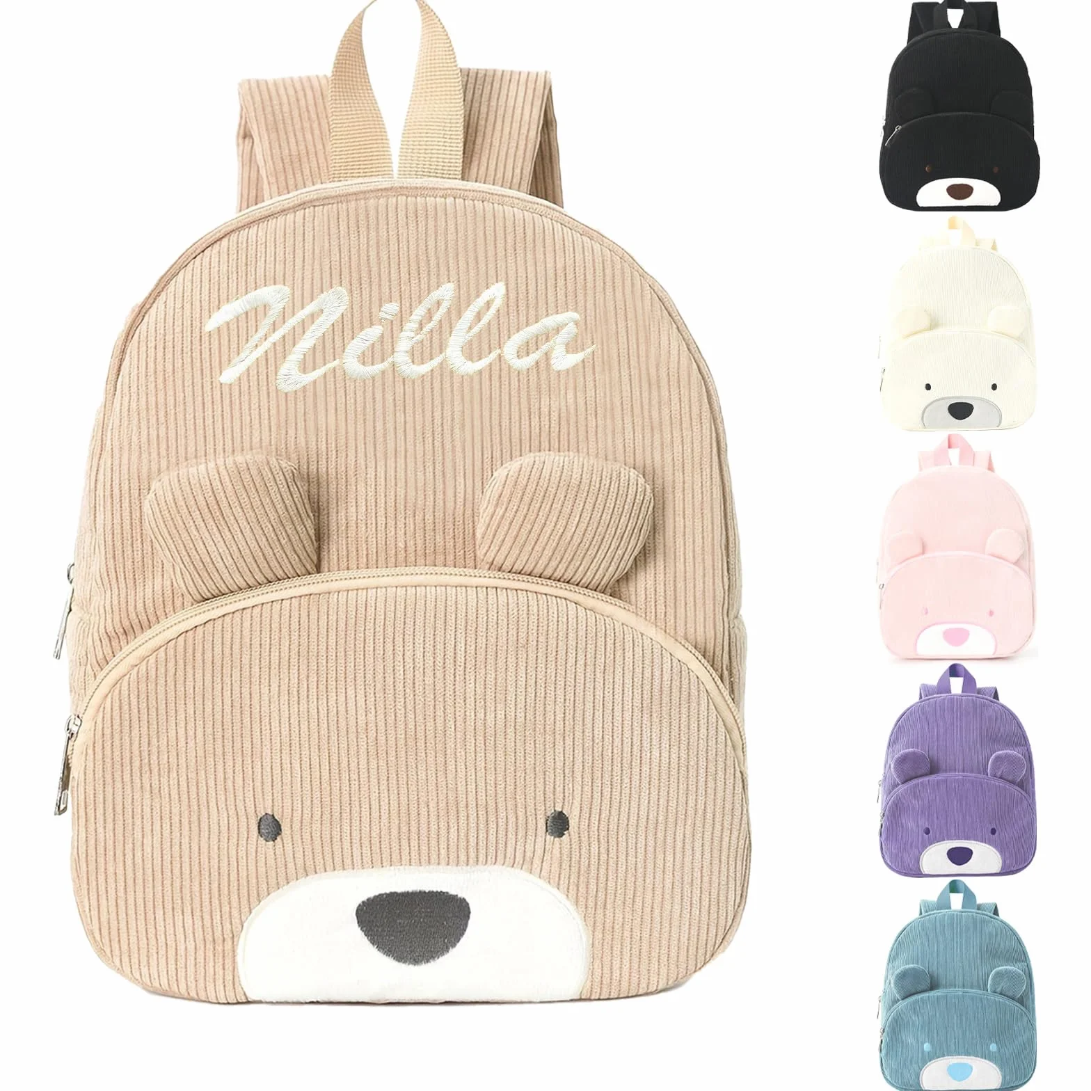 Personalised Corduroy Toddler Backpack with Embroidered Name, Cute Bear Mini Rucksack for Nursery, Preschool, Kindergarten