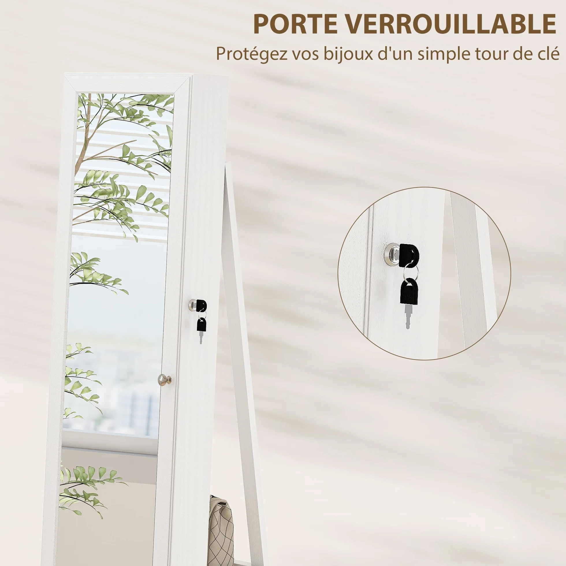 HOMCOM Armoire à Bijoux pivotante verrouillable avec Miroir en Bois Blanc