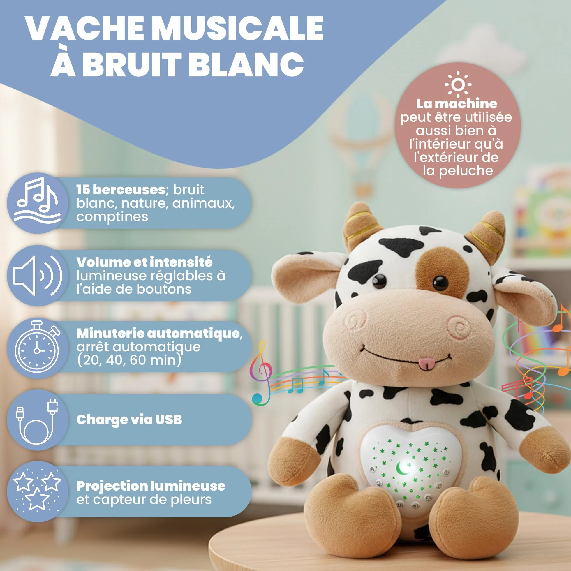 Peluche Bruit Blanc Bébé Veilleuse Musicale – 15 Mélodies avec Détecteur de Pleurs et Minuterie – Rechargeable USB – Cadeau Naissance