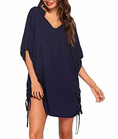 Cache-maillot de plage pour femme avec col en V et imprimé papillon, bleu marine, M