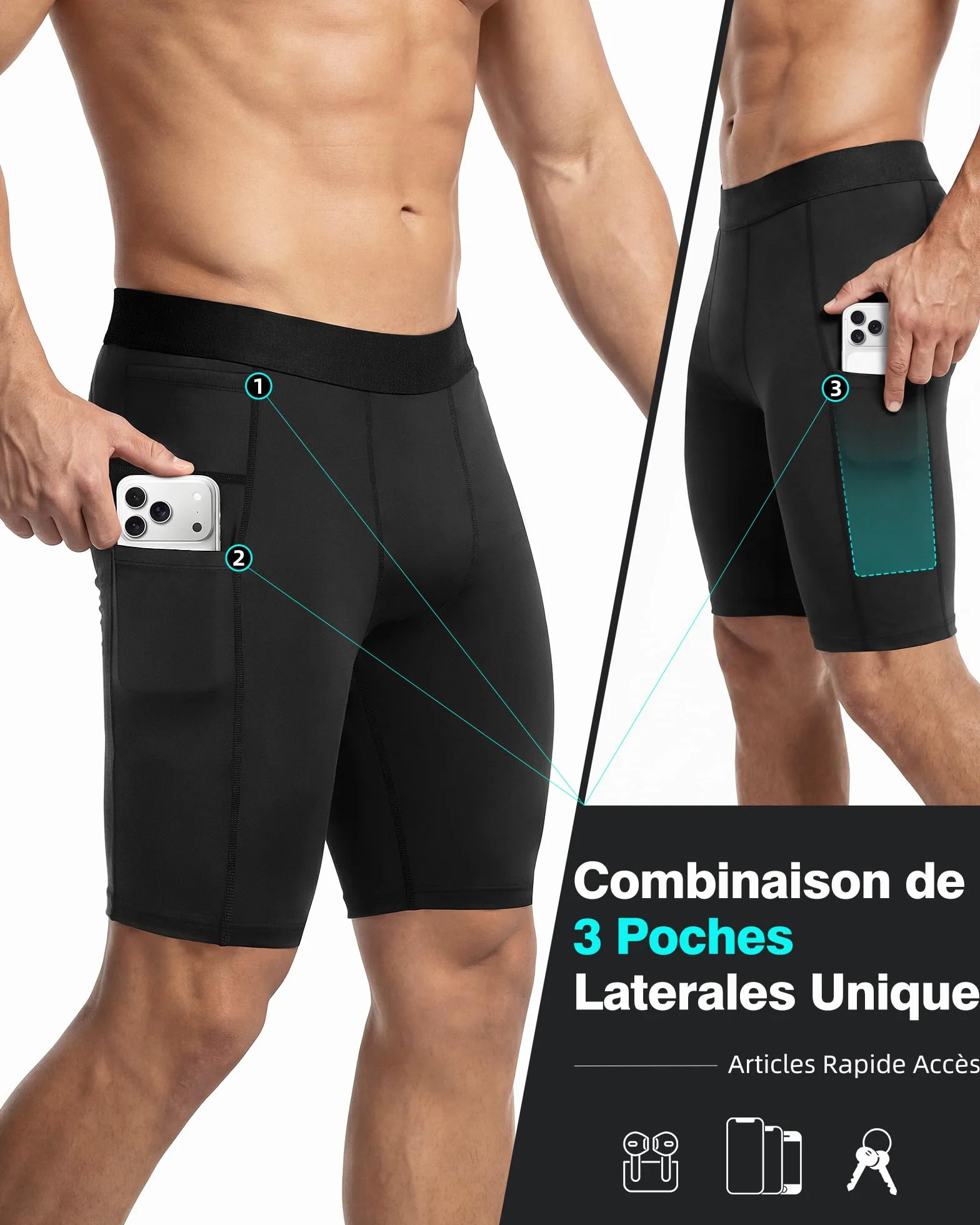 Short de Compression Homme avec Poche Téléphone, Séchage Rapide, Caleçon Sport Base Layer pour Fitness Gym