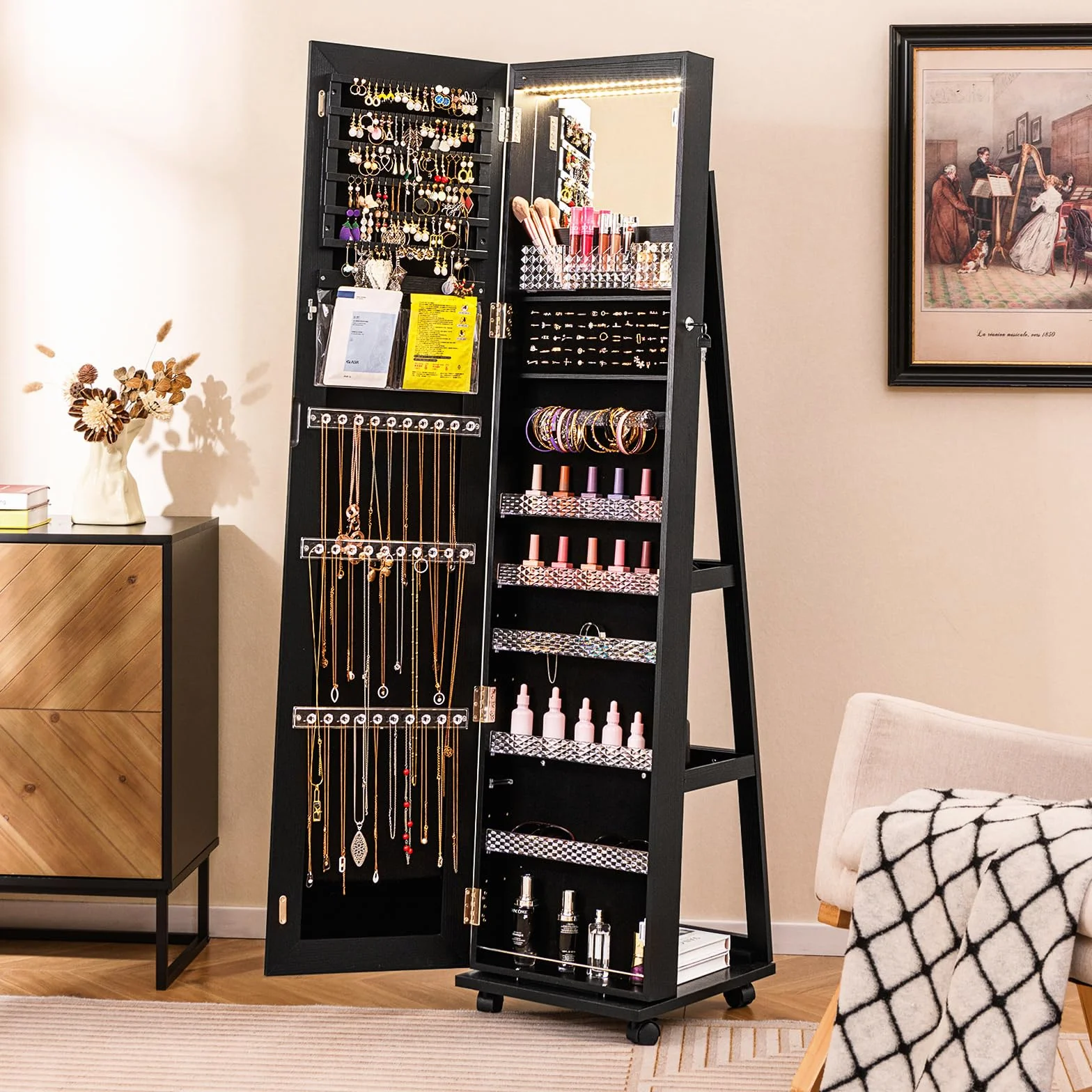 COSTWAY 3 en 1 Armoire à Bijoux sur Roulettes avec Miroir Psyché et Lumières LED, Verrouillable, Noir