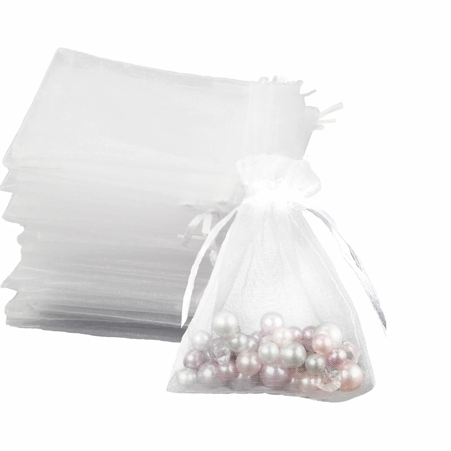 Sachet Organza 100 Pièces 7x9cm Sac Cadeau Mariage Blanc Cordon Satin