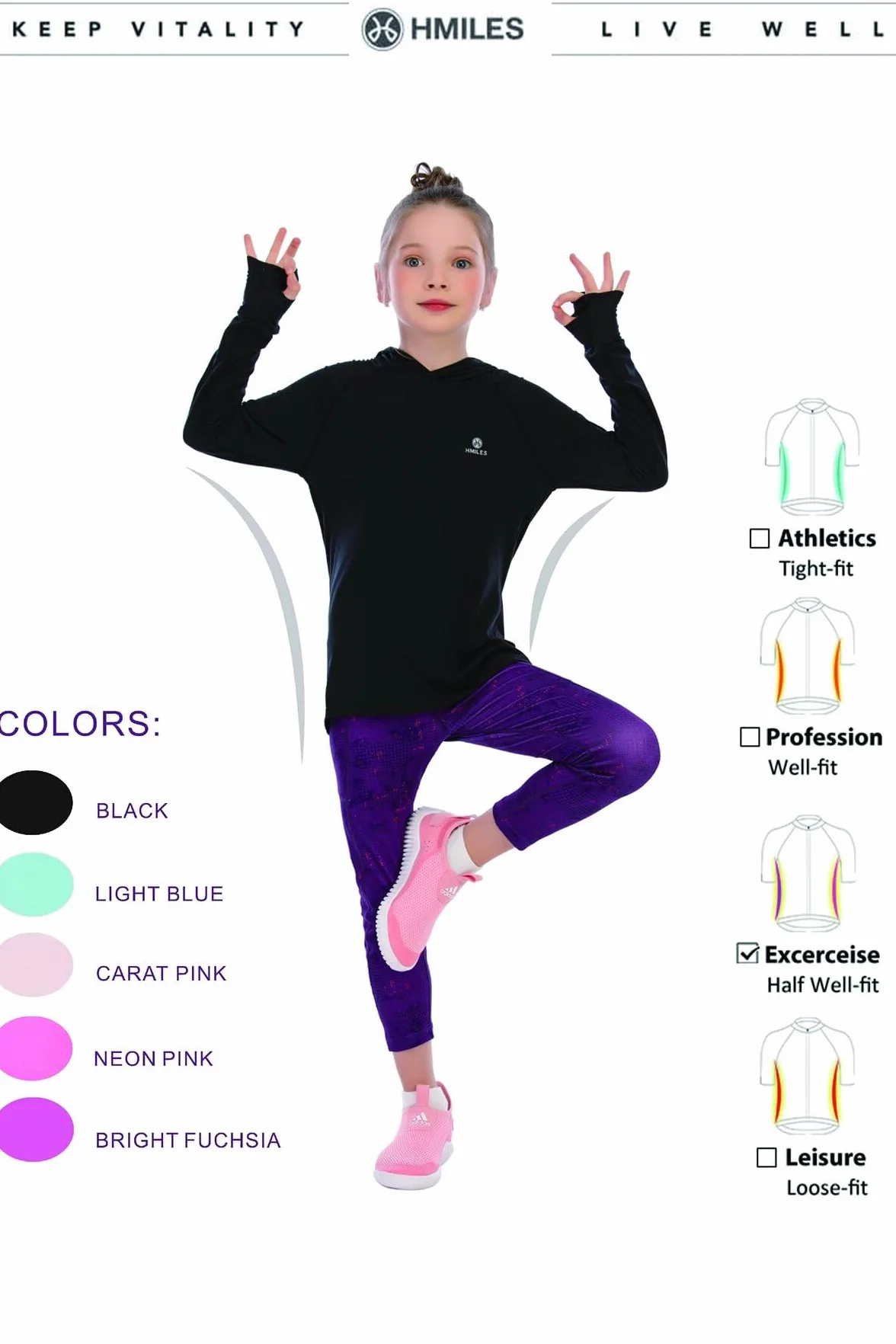 Chemise à capuche à manches longues pour filles avec trou pouce - Haut UV course enfants UPF - Sweat léger sport actif yoga danse