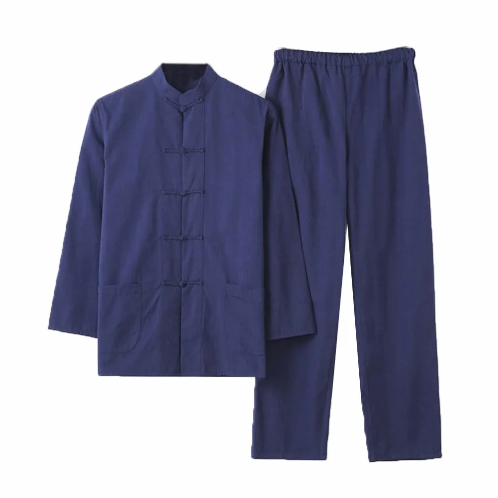 Chinois Traditionnel Tang Costume Kung Fu Uniforme Hommes Manches Longues Veste Pantalon Coton Pur Tai Chi Hanfu Wing Chun Bleu XL