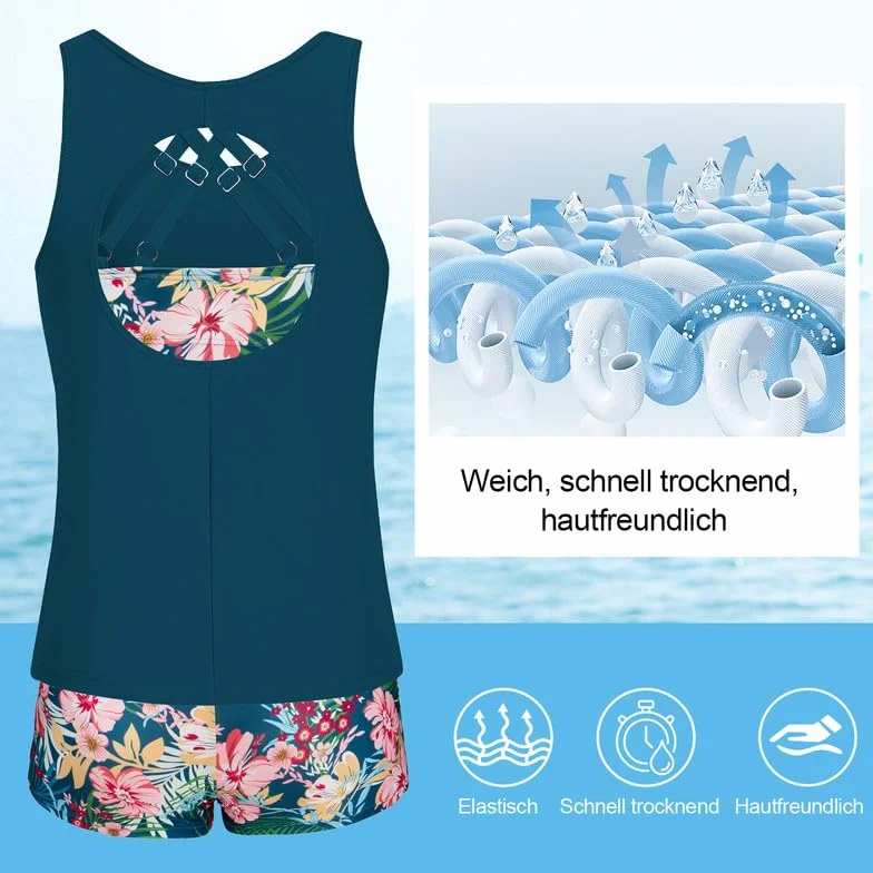 JASAMBAC Tankini Maillot de Bain Femme 3 Pièces Imprimé Floral Contrôle du Ventre