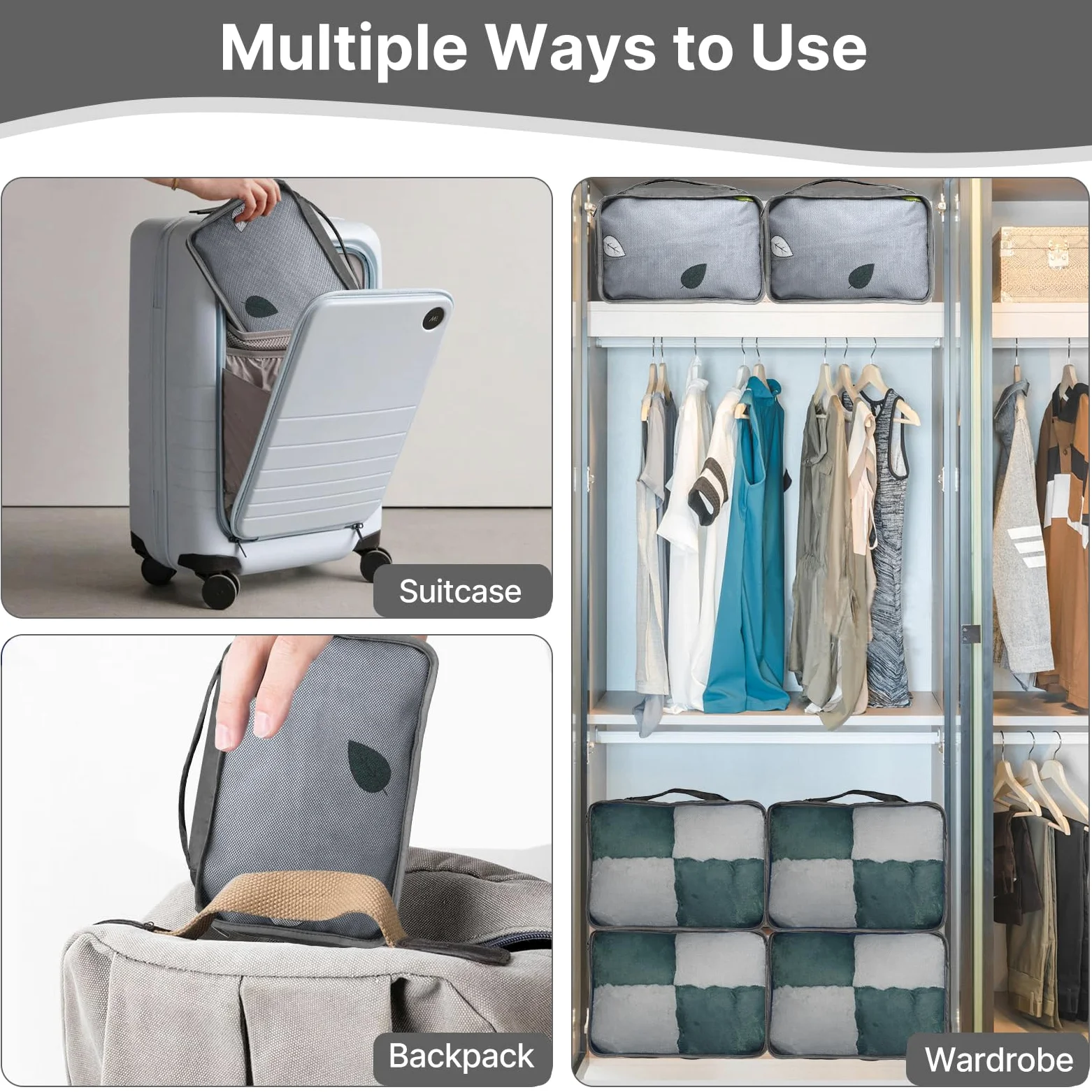 Lot de 6 cubes d'emballage extra larges, 62 x 40 x 15 cm, sacs de rangement en maille pour valises, extra larges uniquement (gris clair, 6 x XXL)