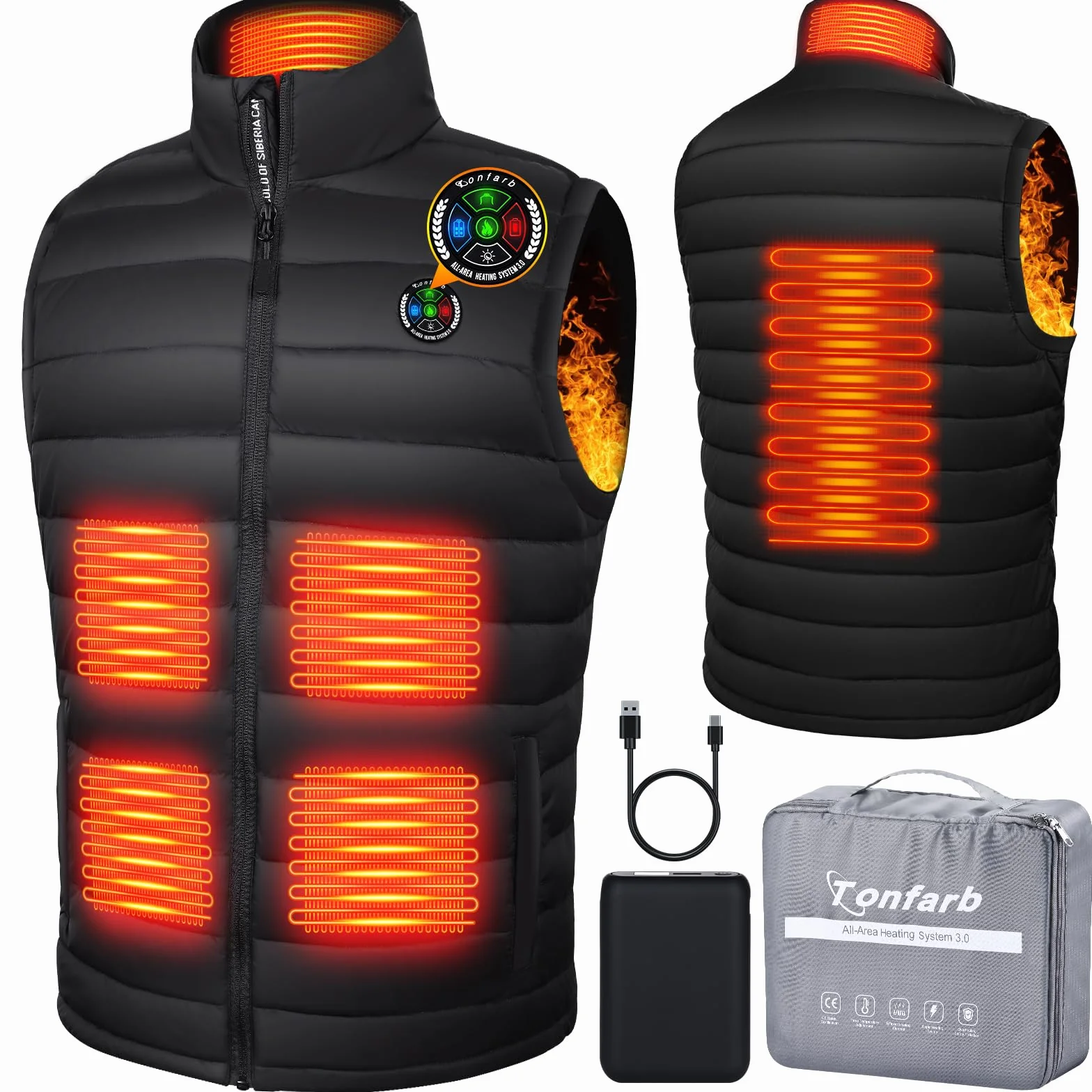 Tonfarb Gilet Chauffant Homme Veste Chauffante Batterie Rechargeable 7.4V 16000mAh USB 6 Zones Chauffage 3 Niveaux Température Moto Plein Air Randonnée
