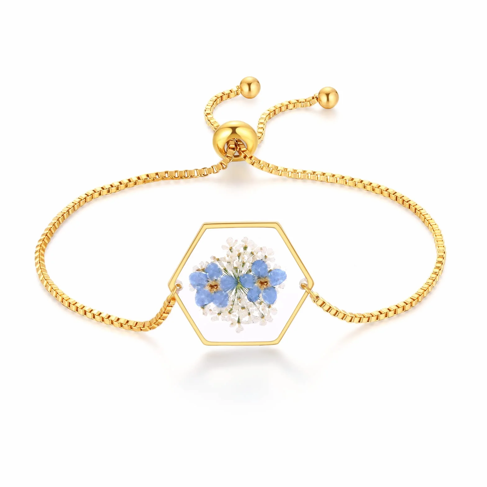 Bracelet Myosotis Queen Anne fleurs sauvages pressées dentelle