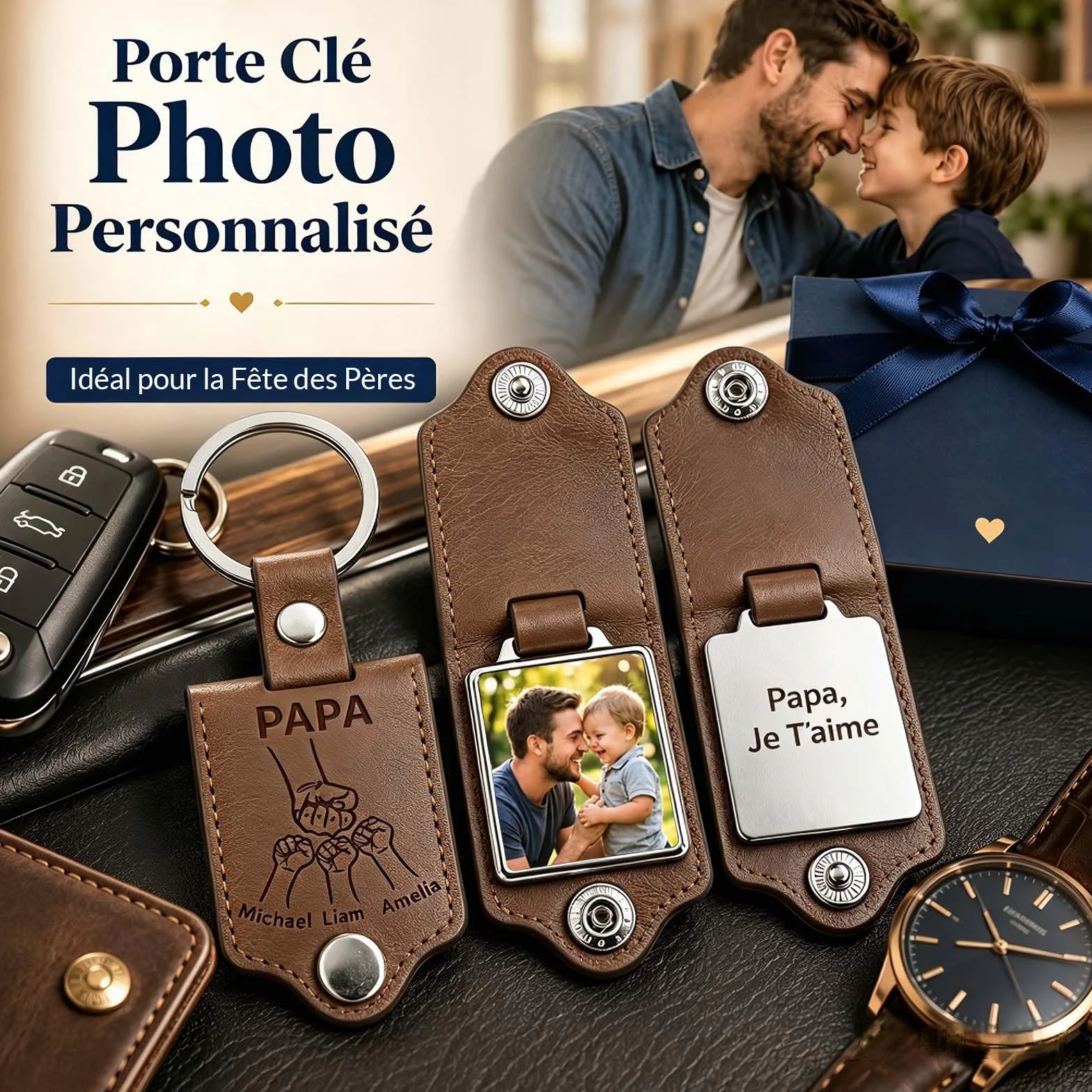 Porte-Clés Personnalisé avec Photo et Texte Gravé Double Face