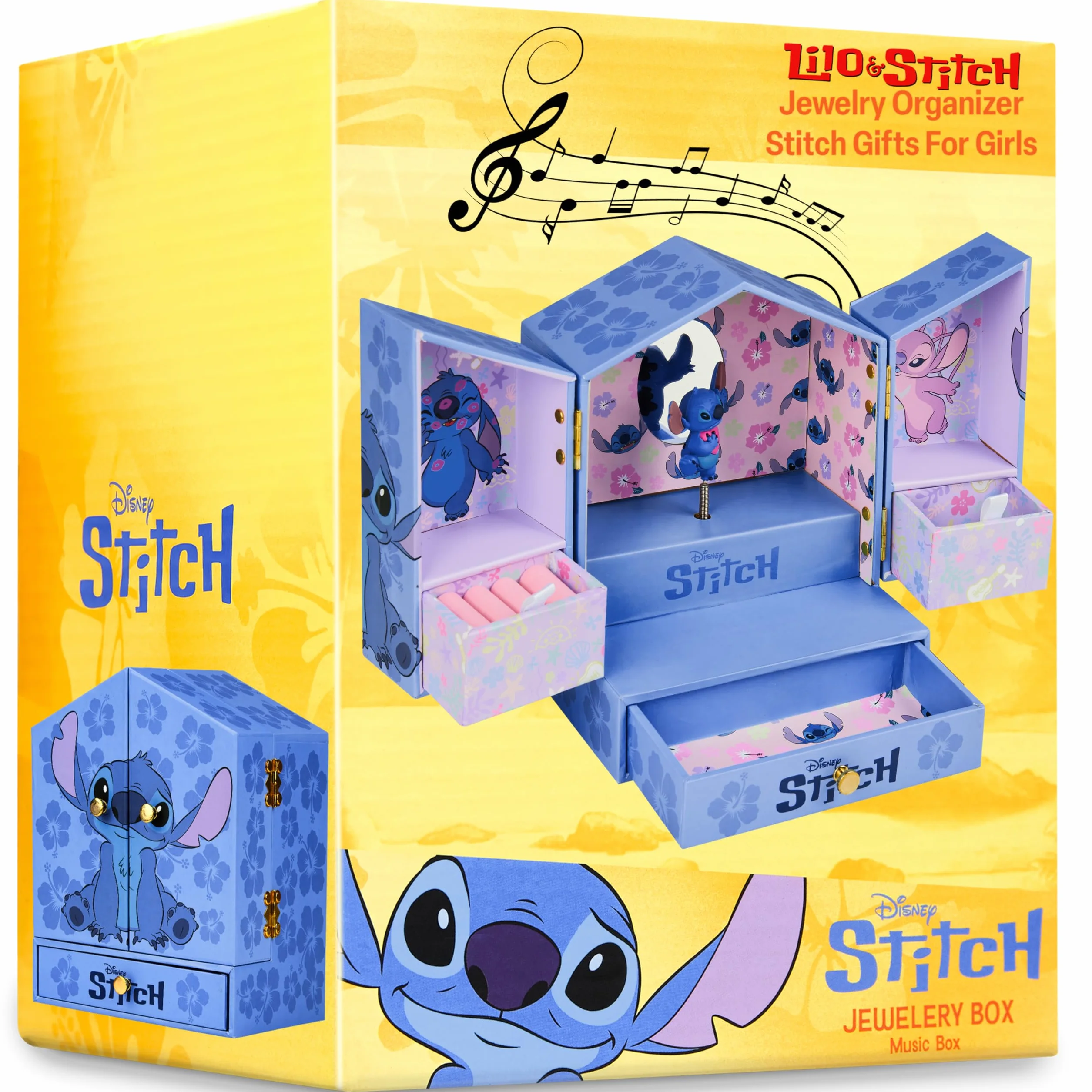 Disney Stitch Boîte à Bijoux Musicale Fille Coffret Cadeau avec Miroir Tiroirs Rangement Bleu